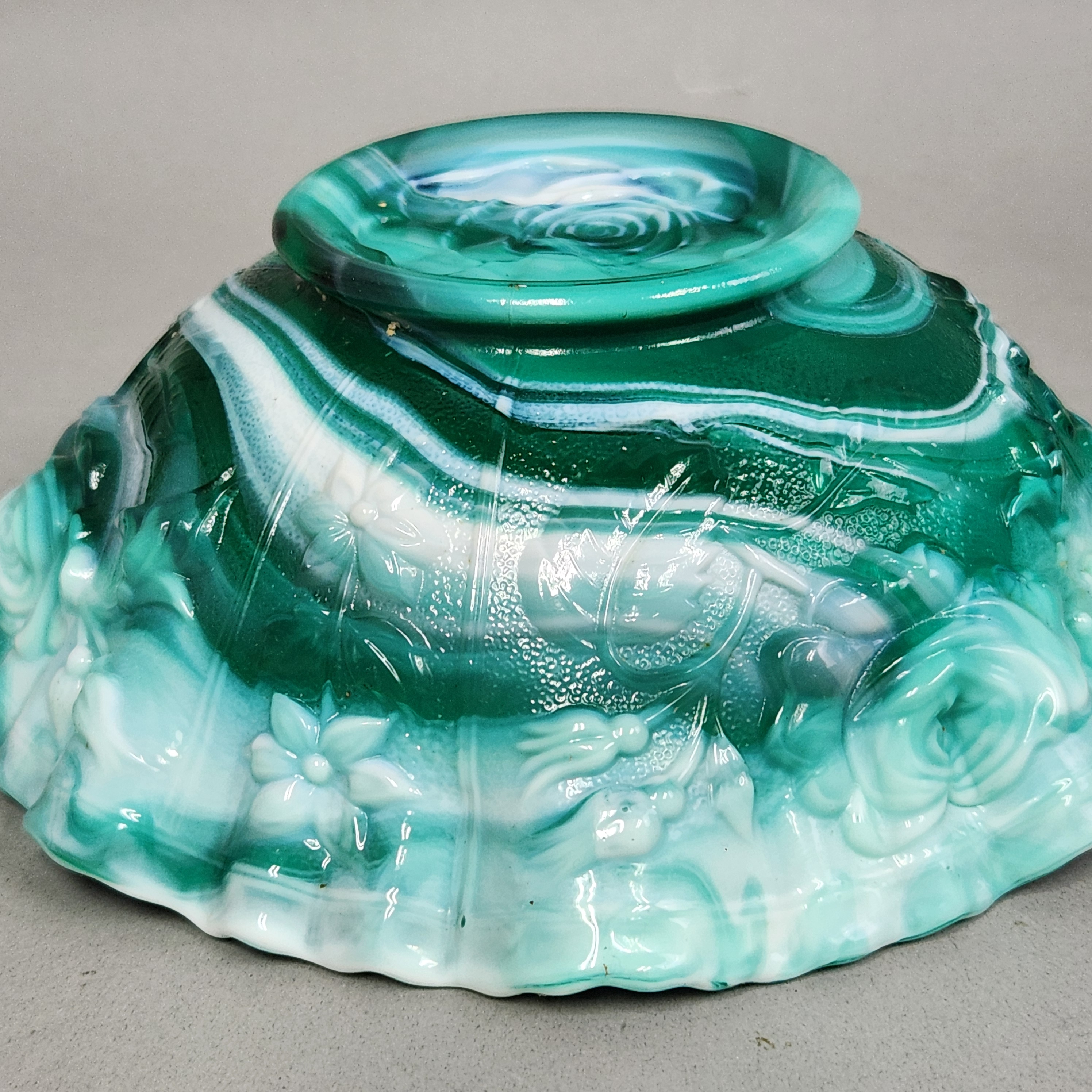 American Green Slag Glass Rose Ruffled Bowl