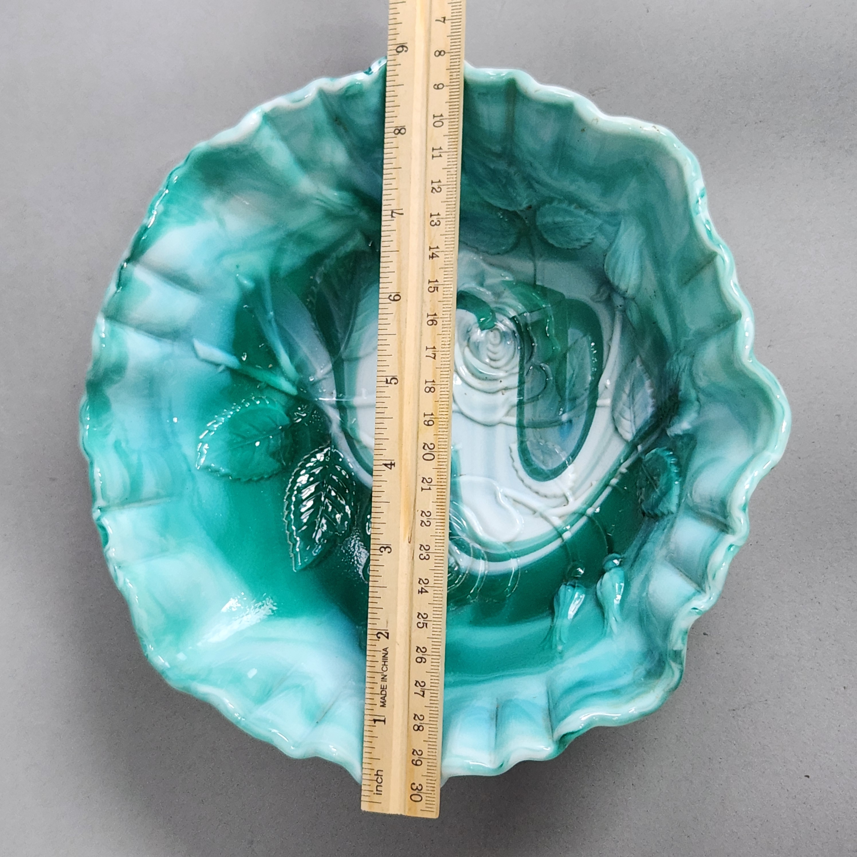 American Green Slag Glass Rose Ruffled Bowl