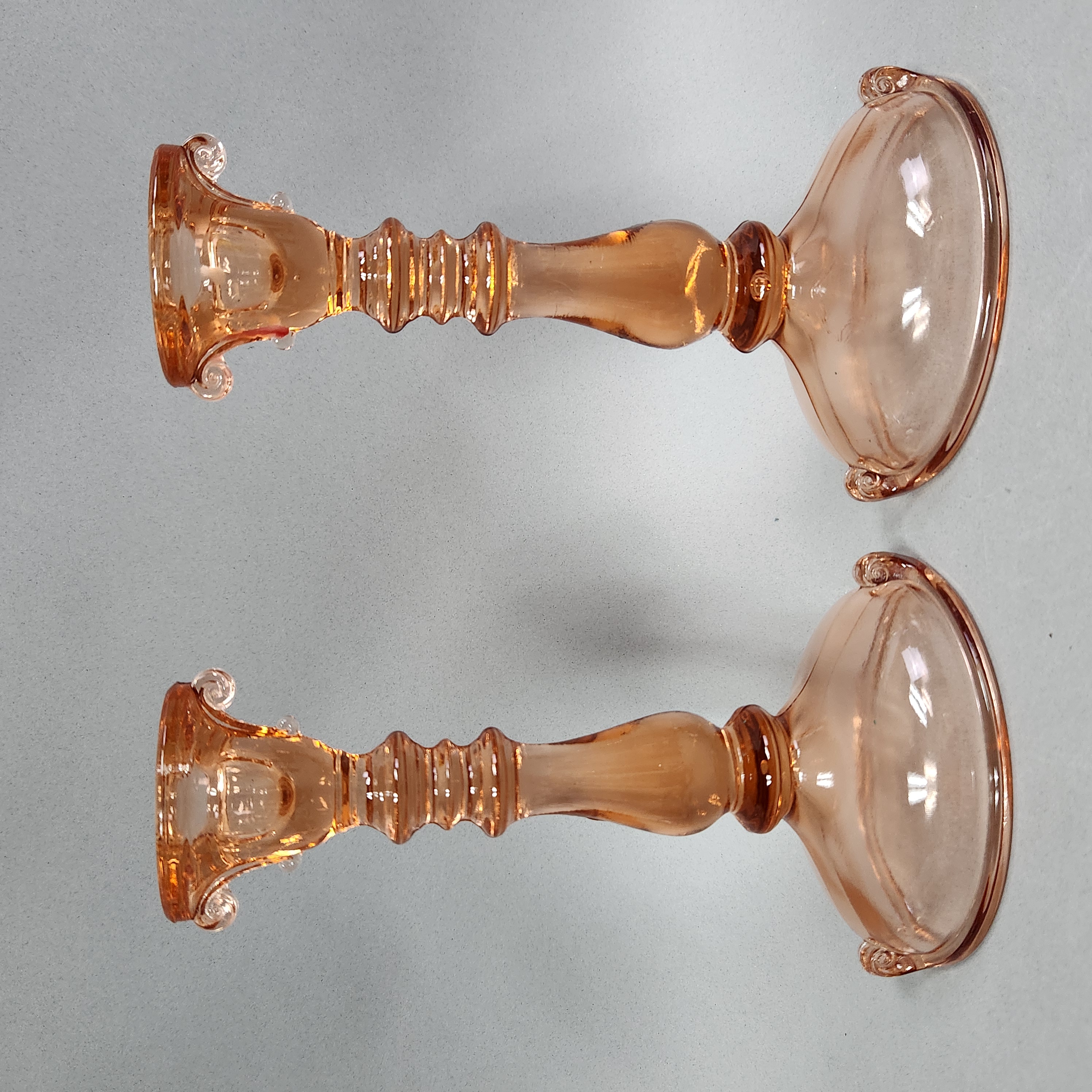 2 Paden City Scroll Pink Glass Candlesticks