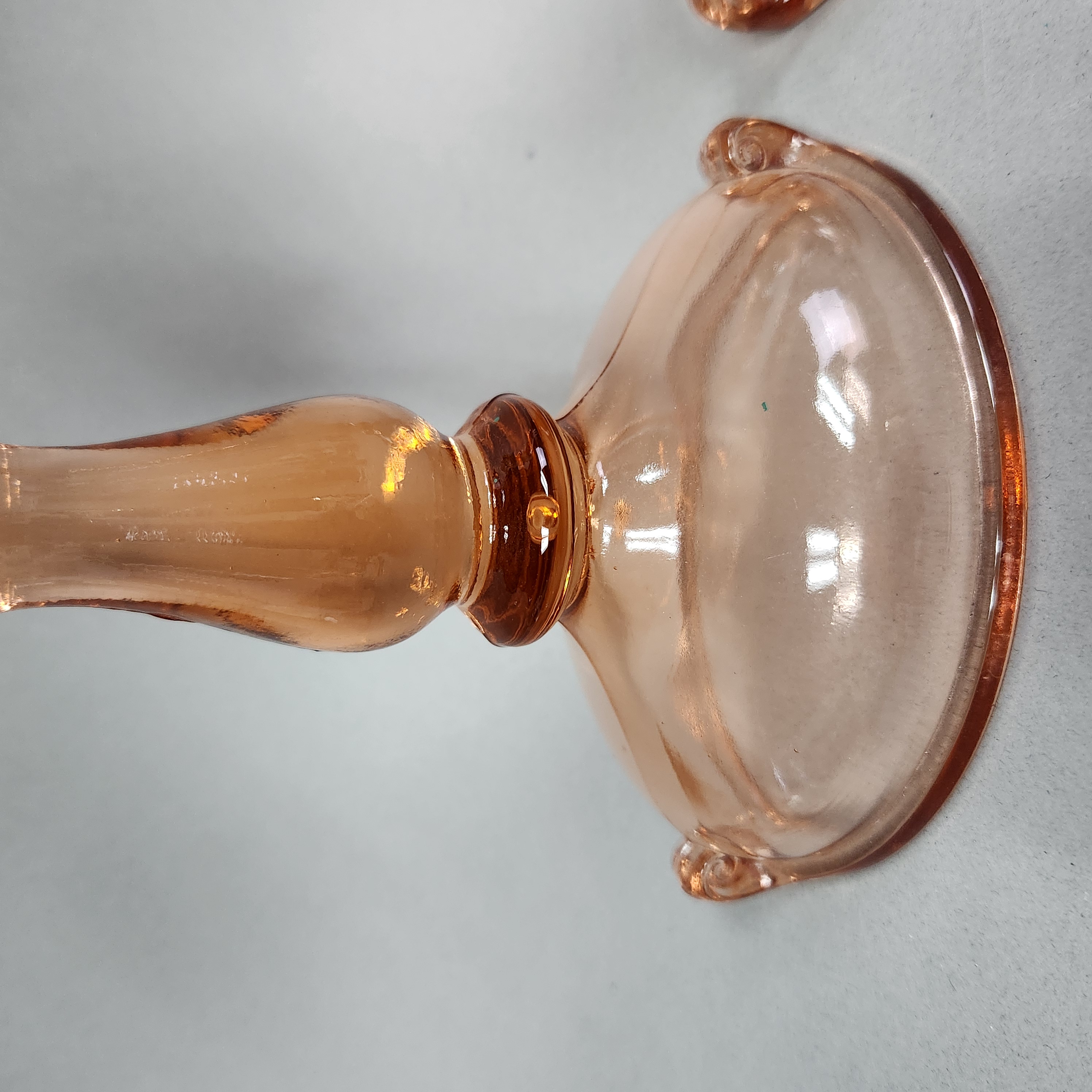 2 Paden City Scroll Pink Glass Candlesticks