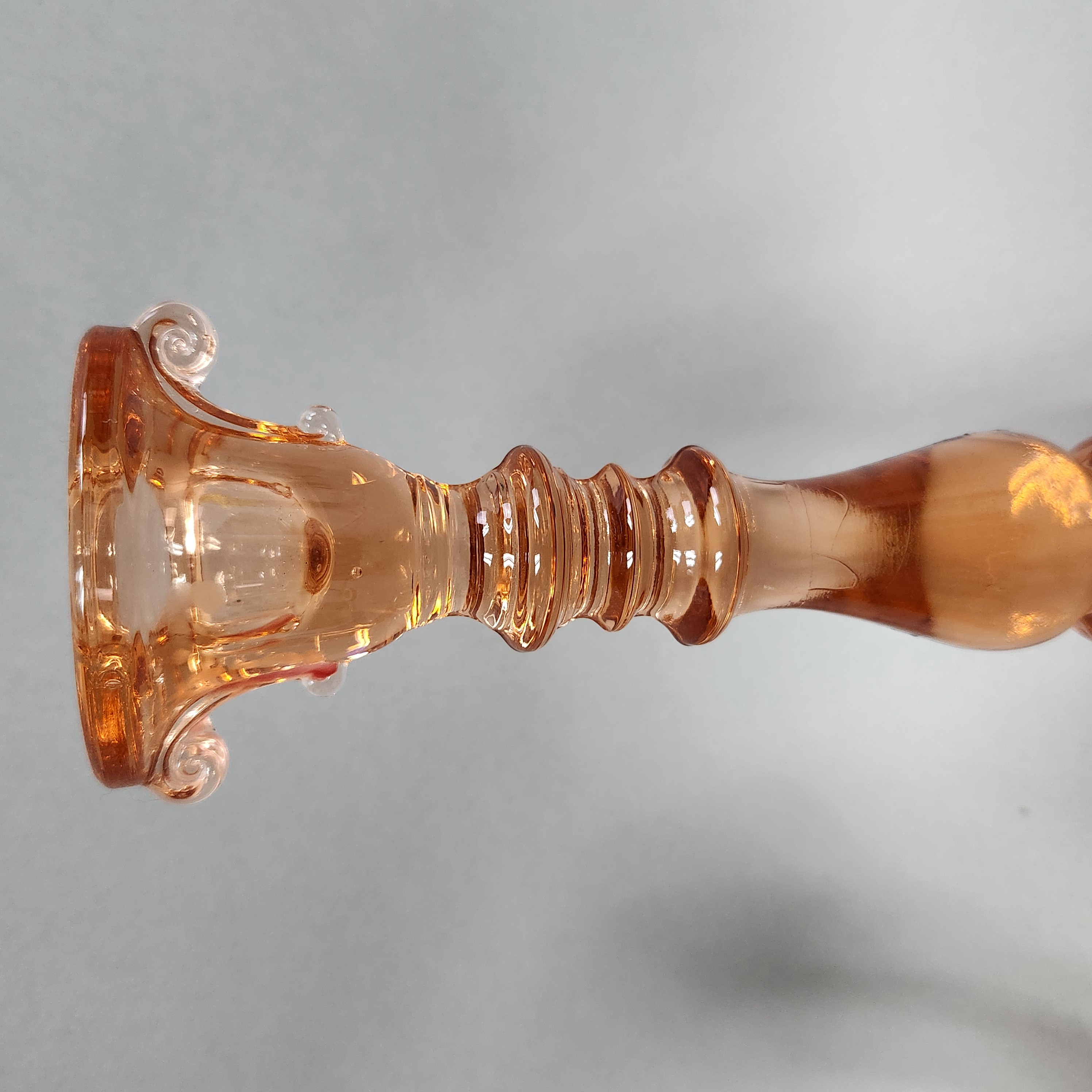 2 Paden City Scroll Pink Glass Candlesticks