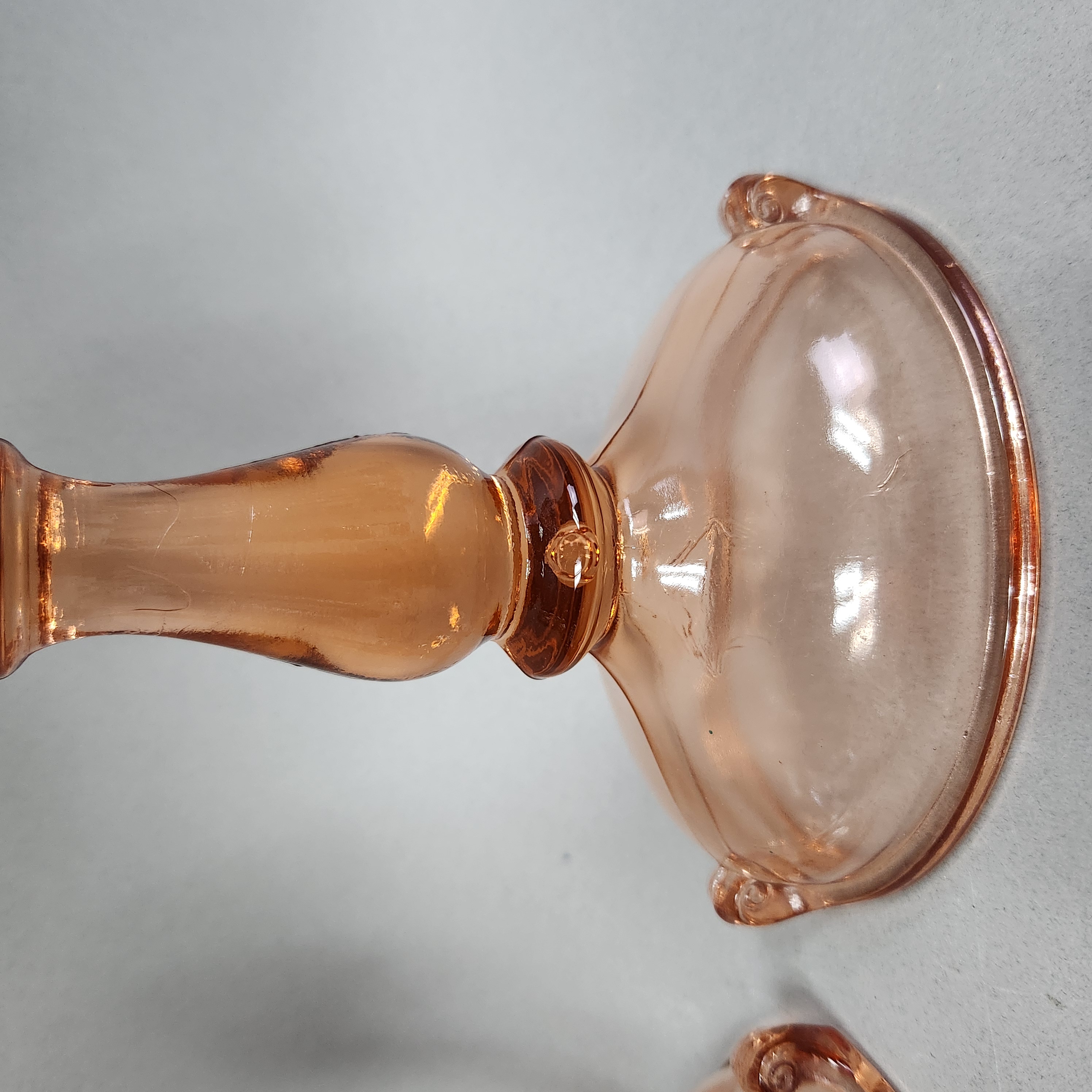 2 Paden City Scroll Pink Glass Candlesticks