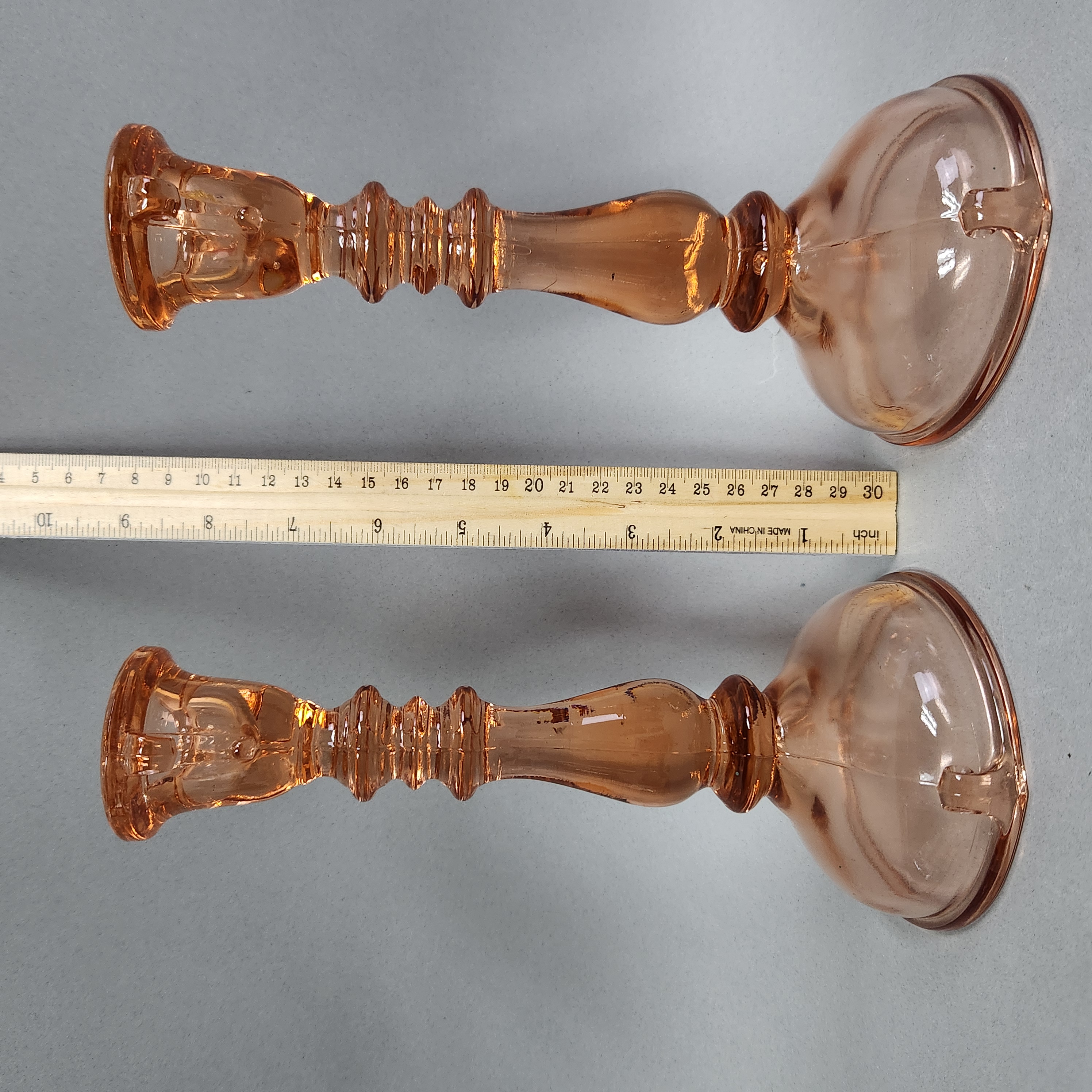2 Paden City Scroll Pink Glass Candlesticks