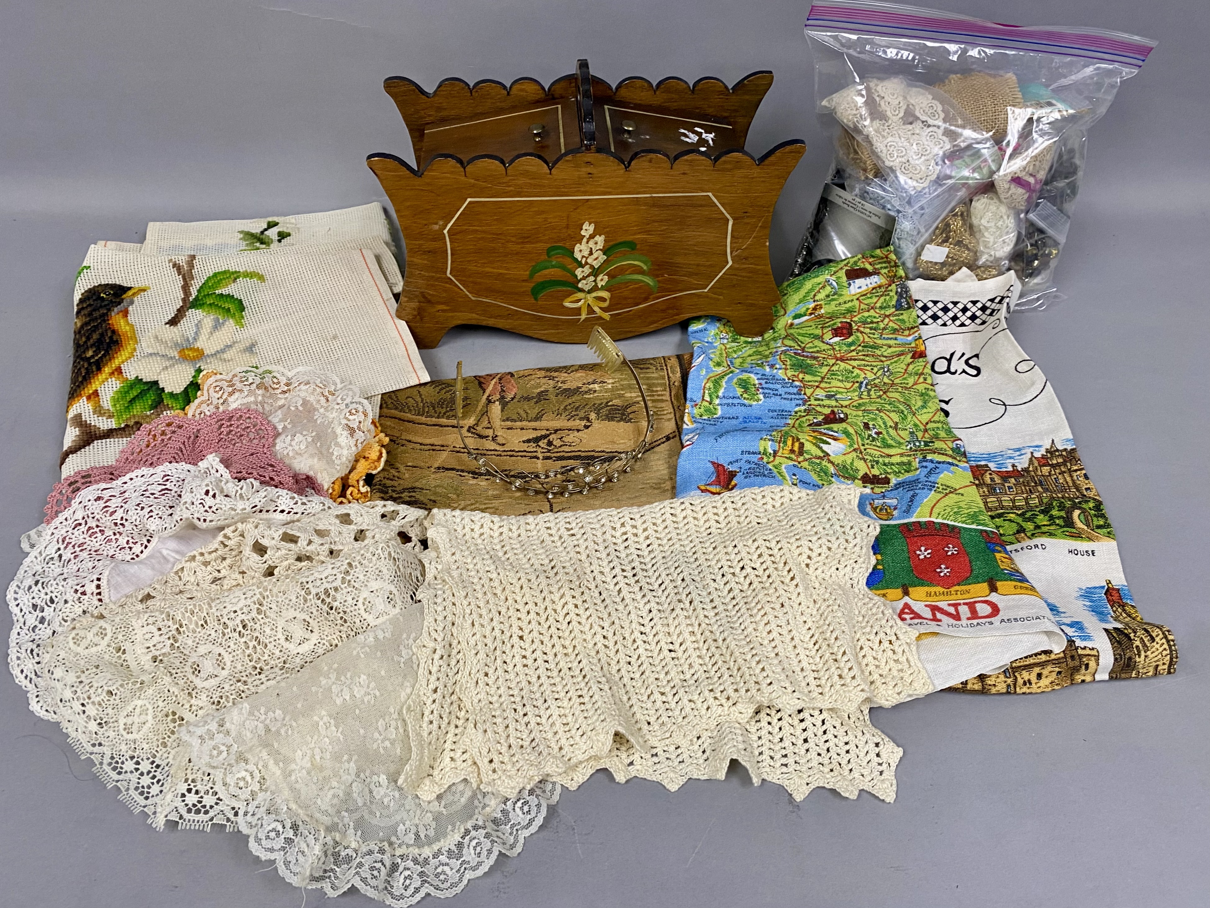 Portuguese Needlepoint & Wooden Sewing Caddy Collection