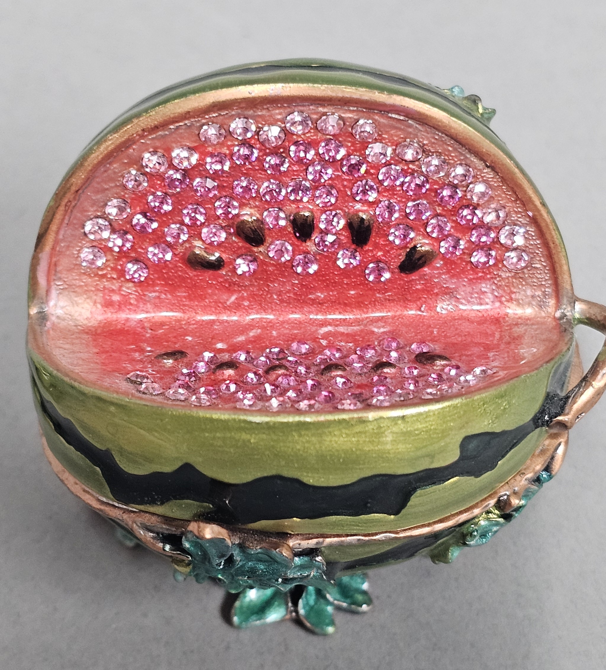 Enameled Metal Jeweled Watermelon Trinket Box