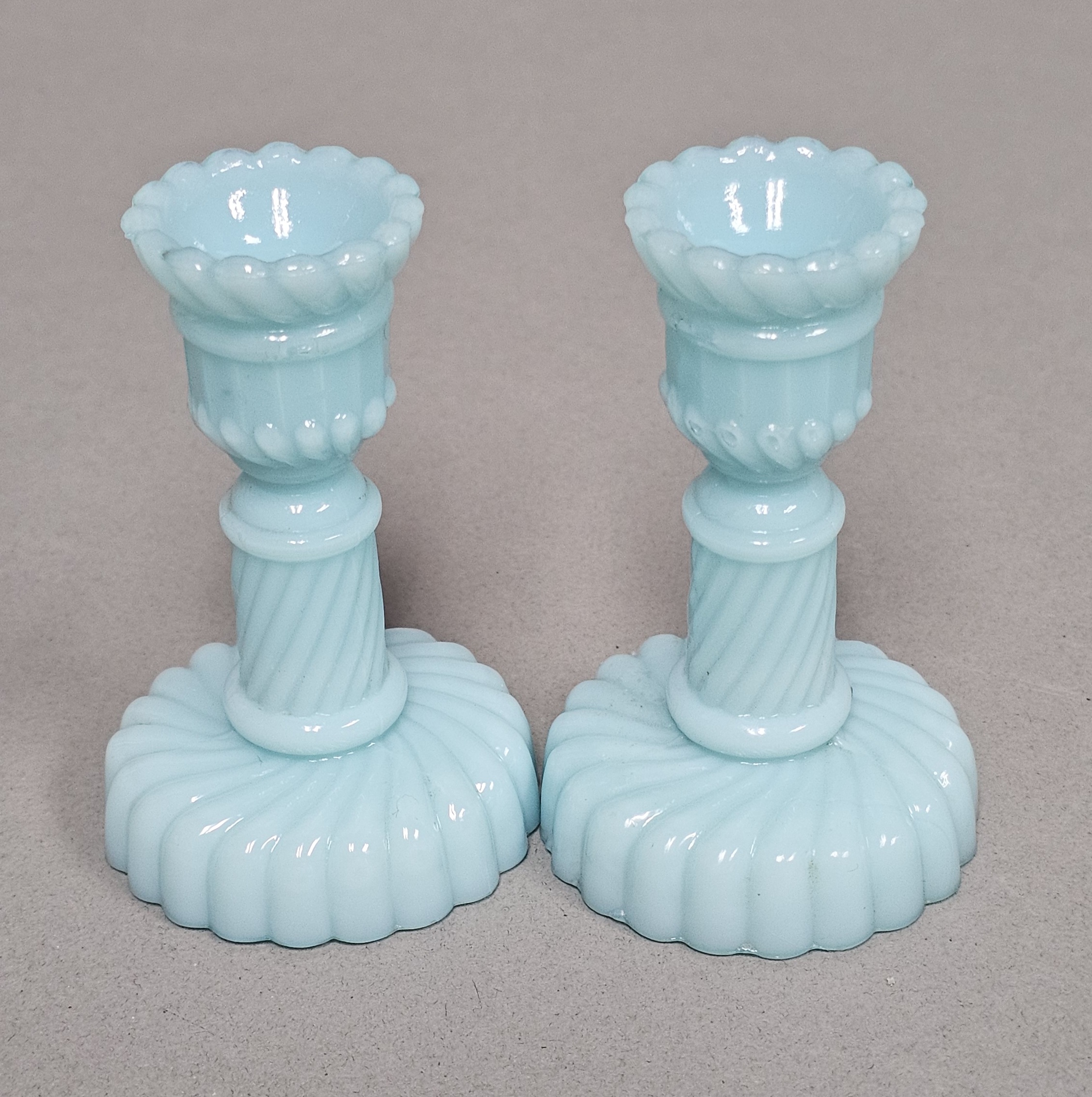 Blue Milk Glass Spiral Candlesticks