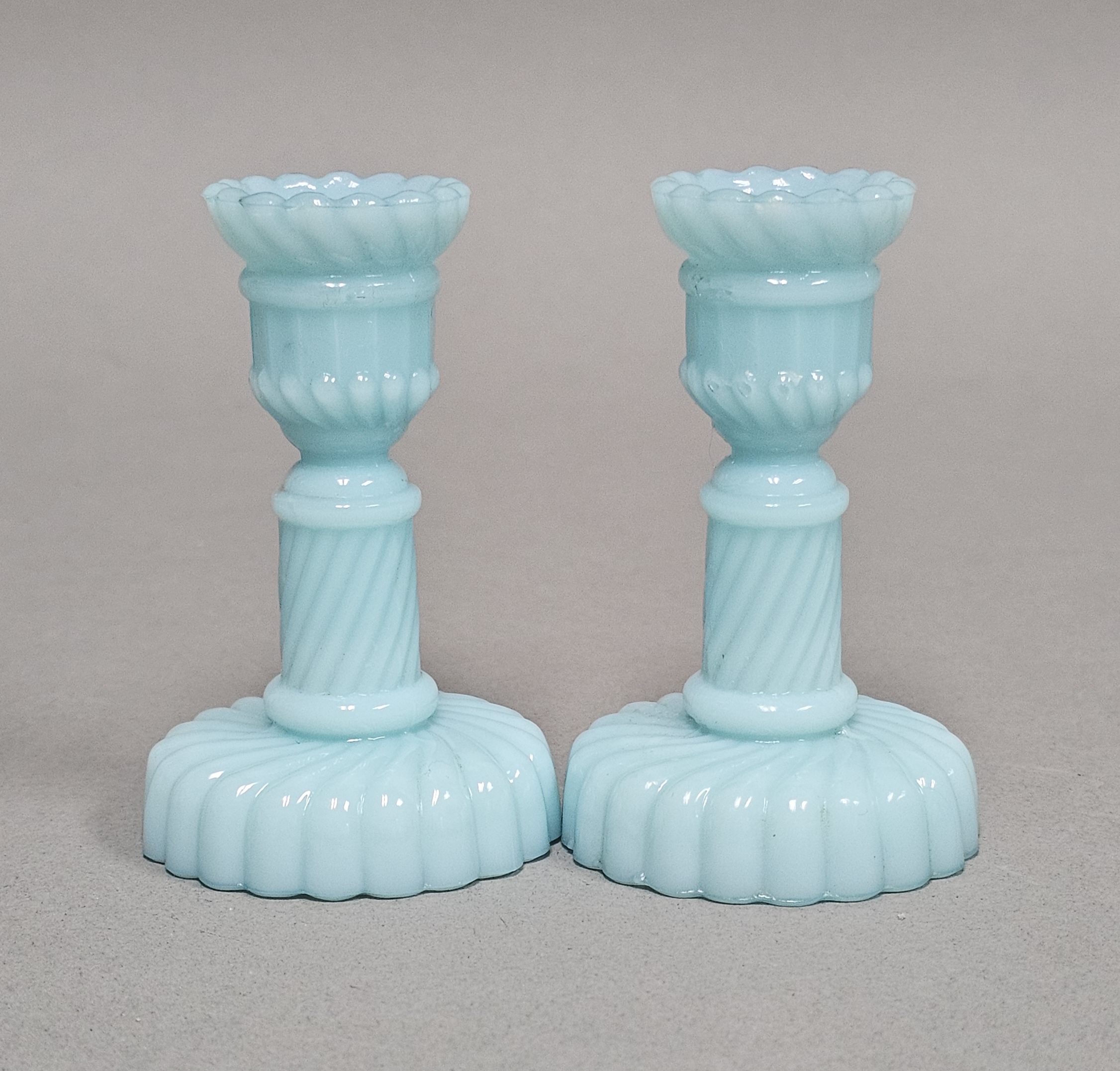 Blue Milk Glass Spiral Candlesticks