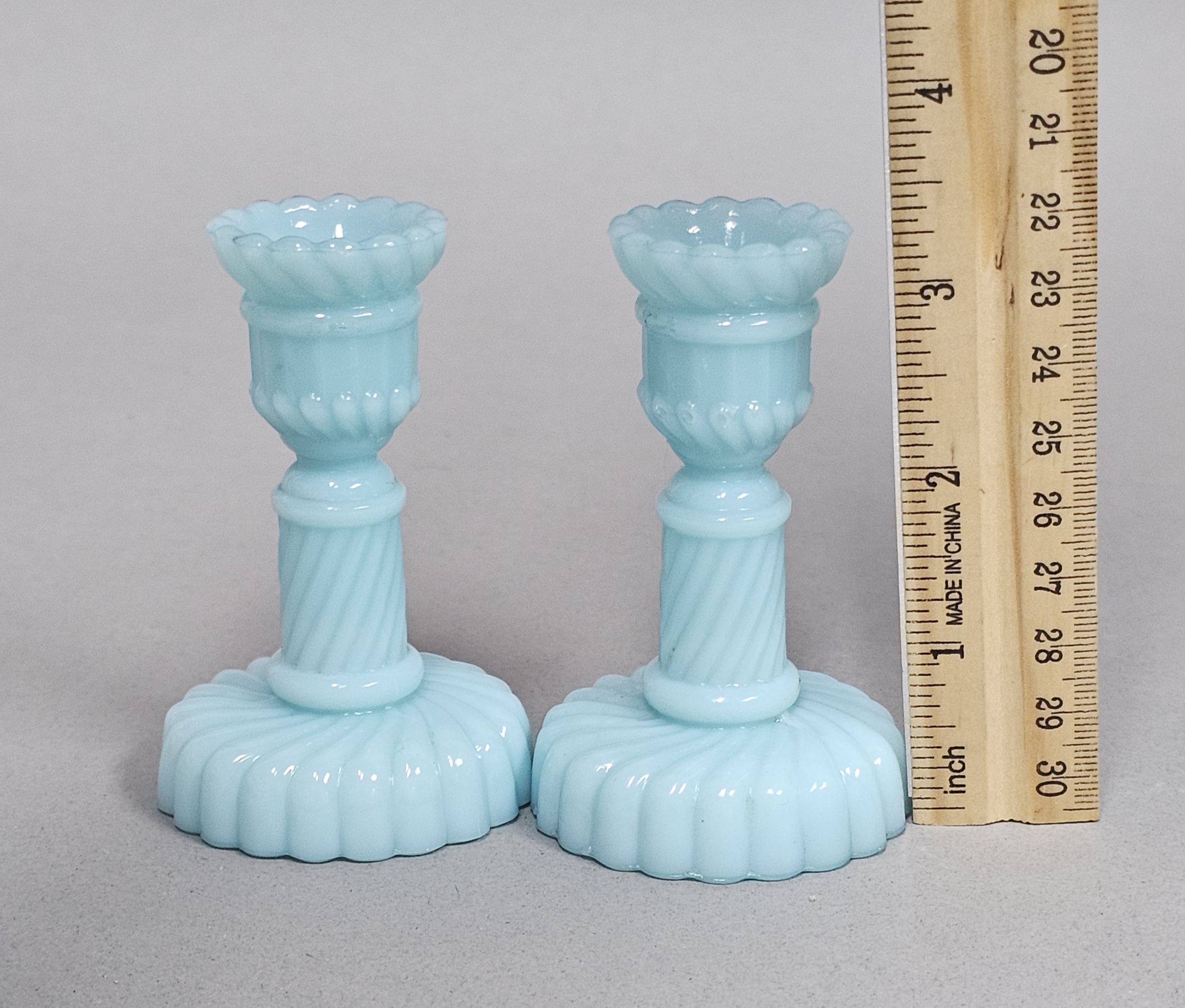 Blue Milk Glass Spiral Candlesticks