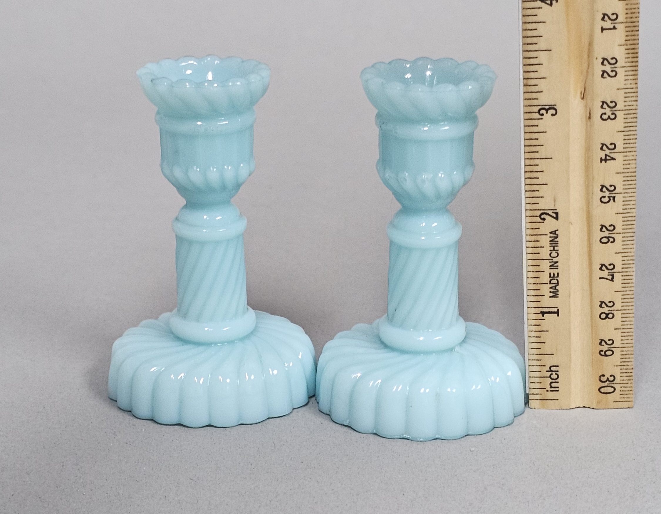 Blue Milk Glass Spiral Candlesticks