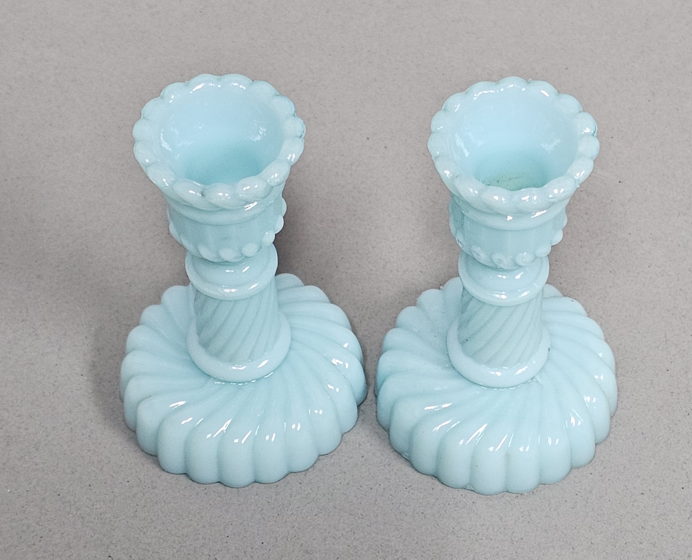 Blue Milk Glass Spiral Candlesticks