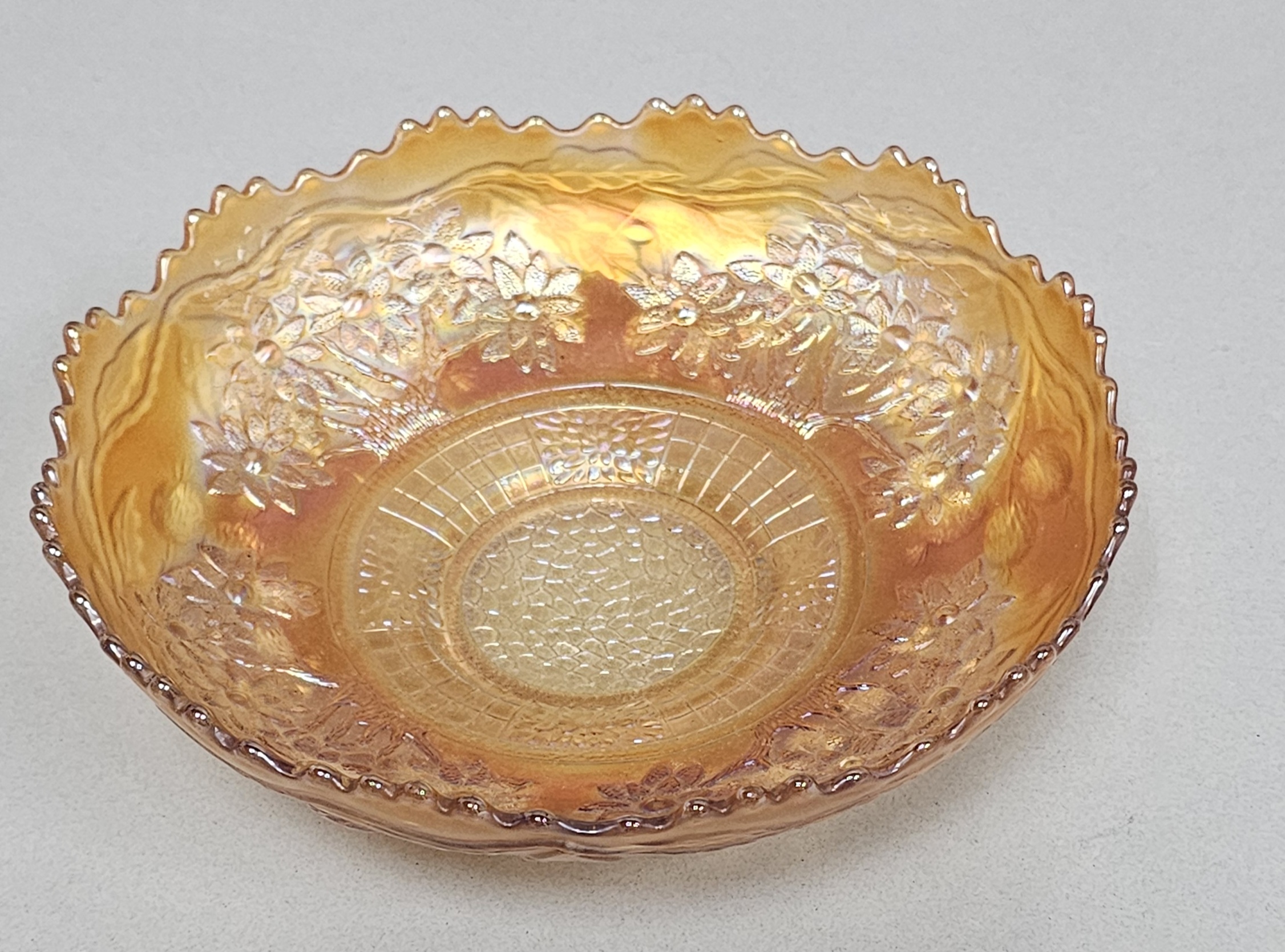 Marigold Carnival Glass Ruffled Bowl