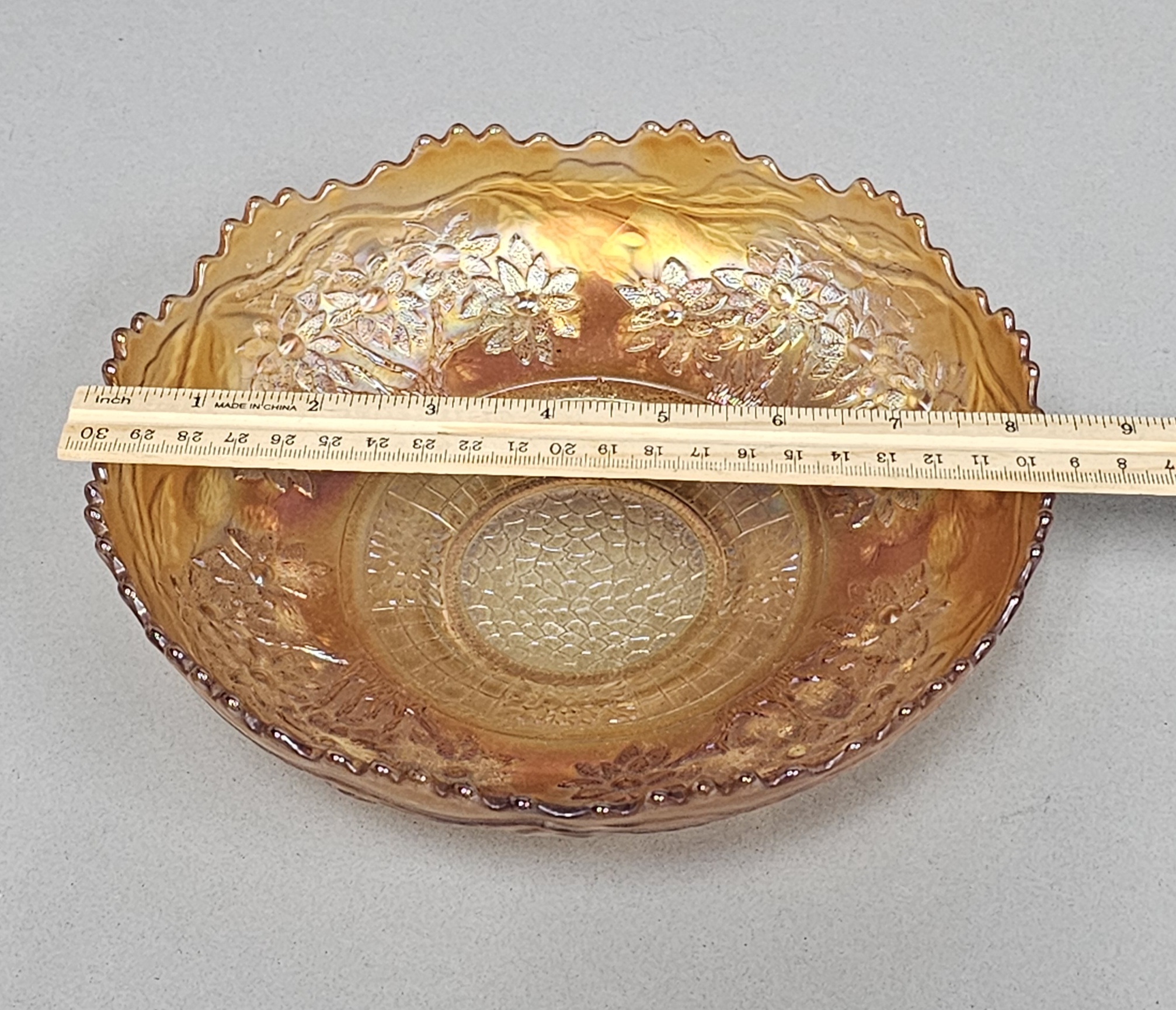 Marigold Carnival Glass Ruffled Bowl
