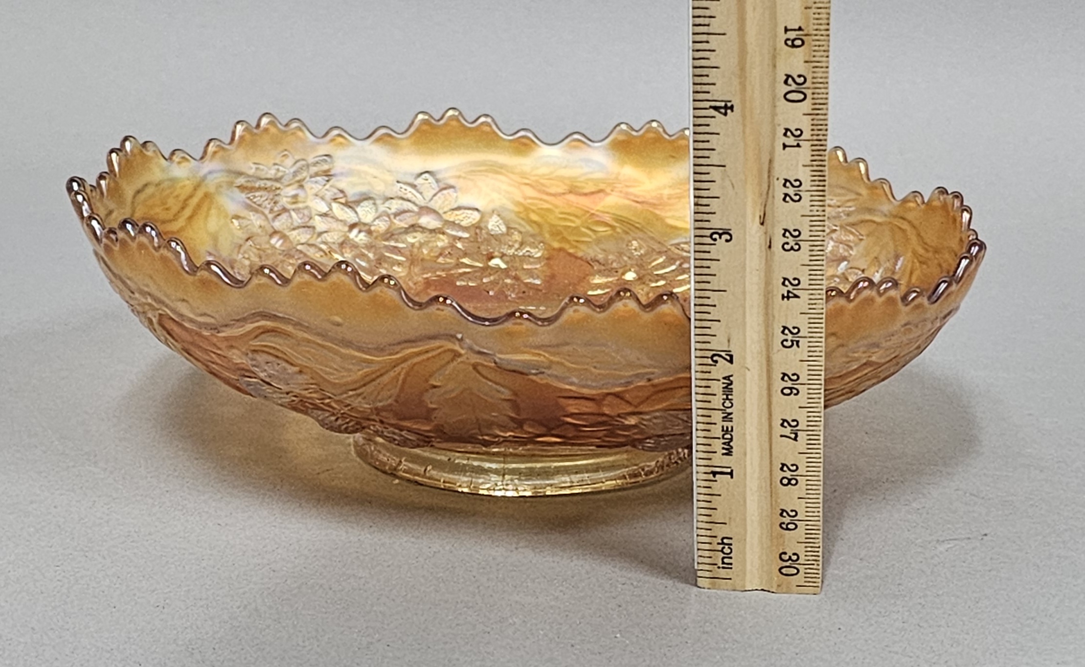 Marigold Carnival Glass Ruffled Bowl
