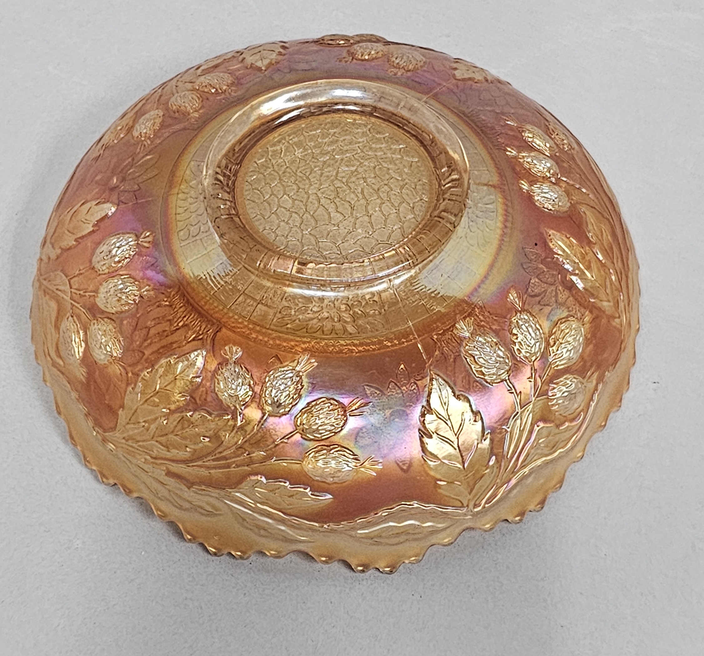 Marigold Carnival Glass Ruffled Bowl