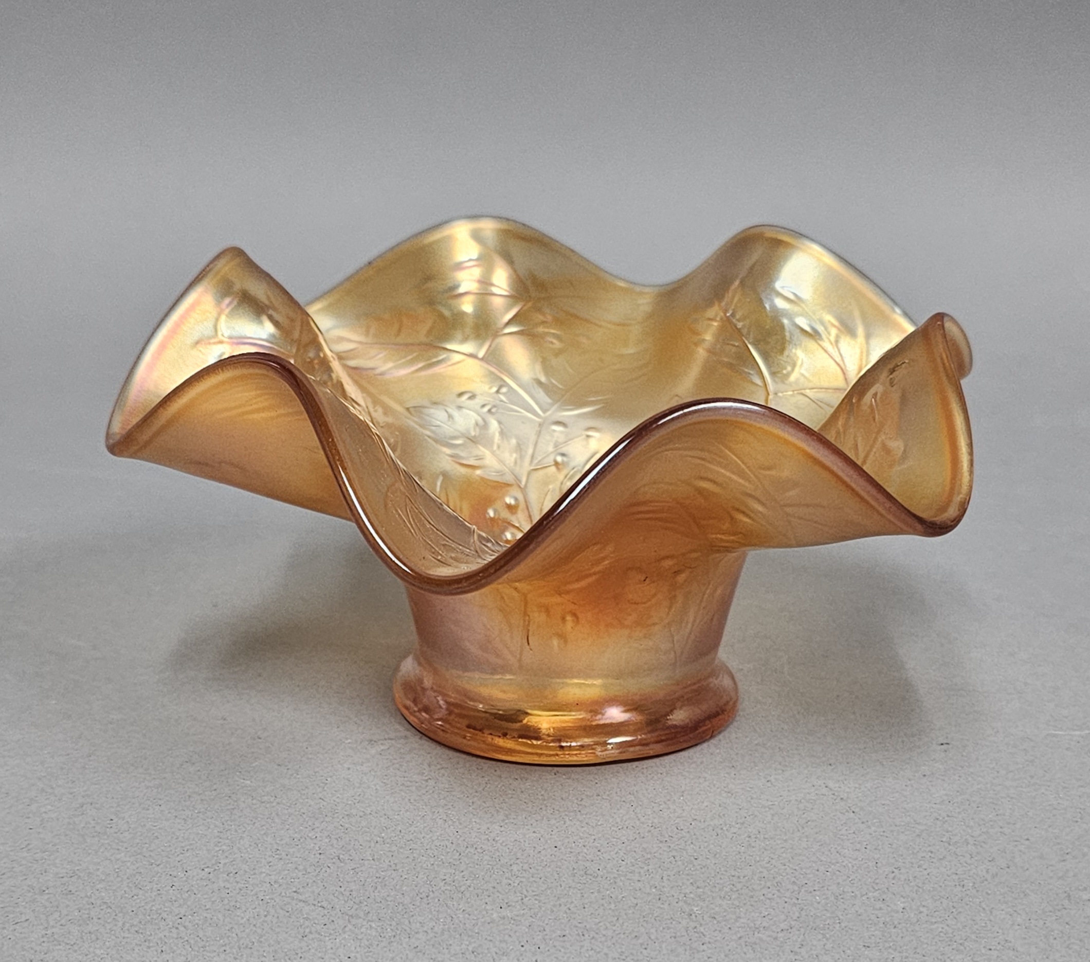 Marigold Carnival Glass Ruffled Bowl