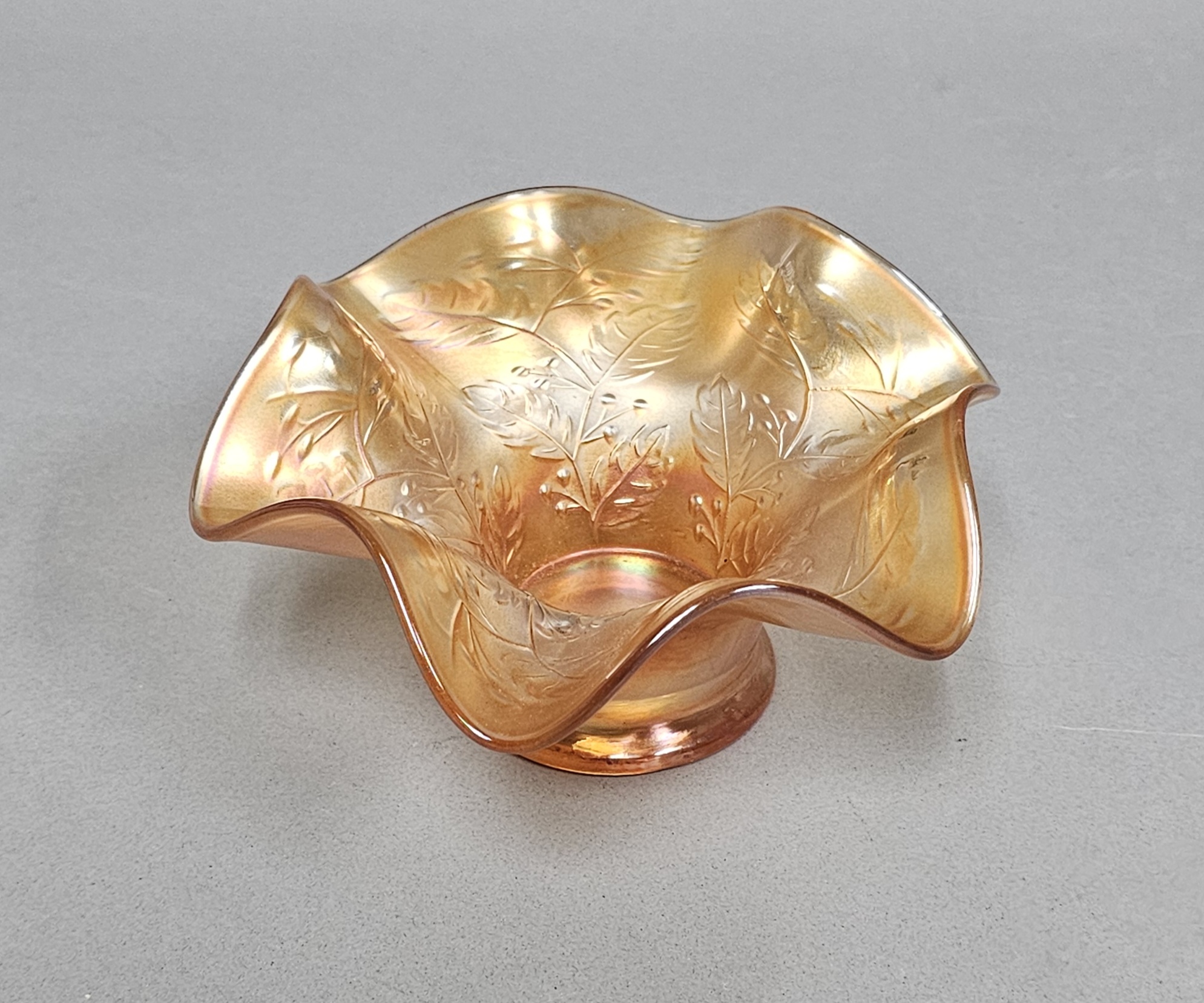 Marigold Carnival Glass Ruffled Bowl