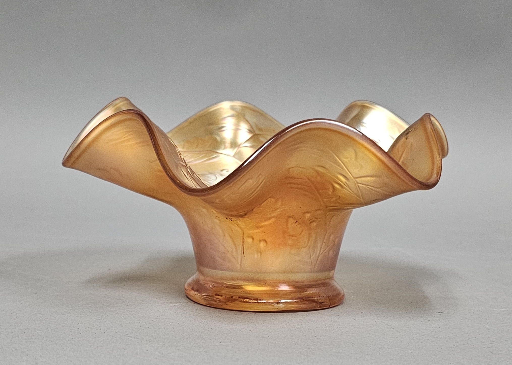 Marigold Carnival Glass Ruffled Bowl