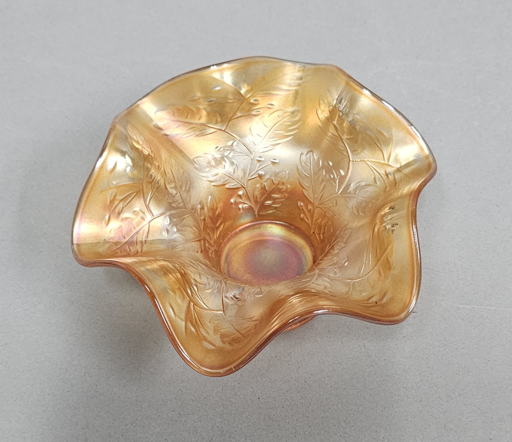Marigold Carnival Glass Ruffled Bowl