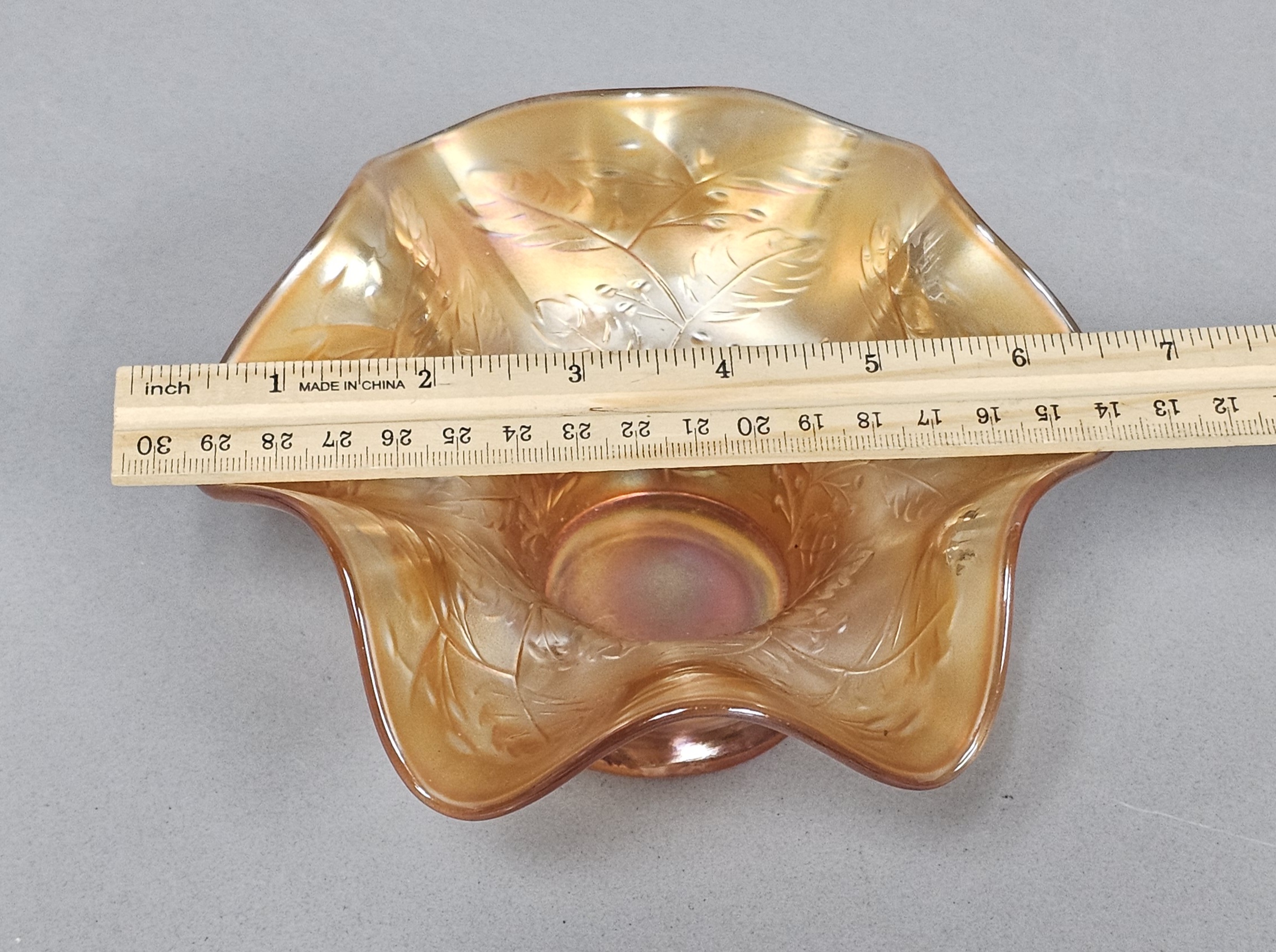 Marigold Carnival Glass Ruffled Bowl