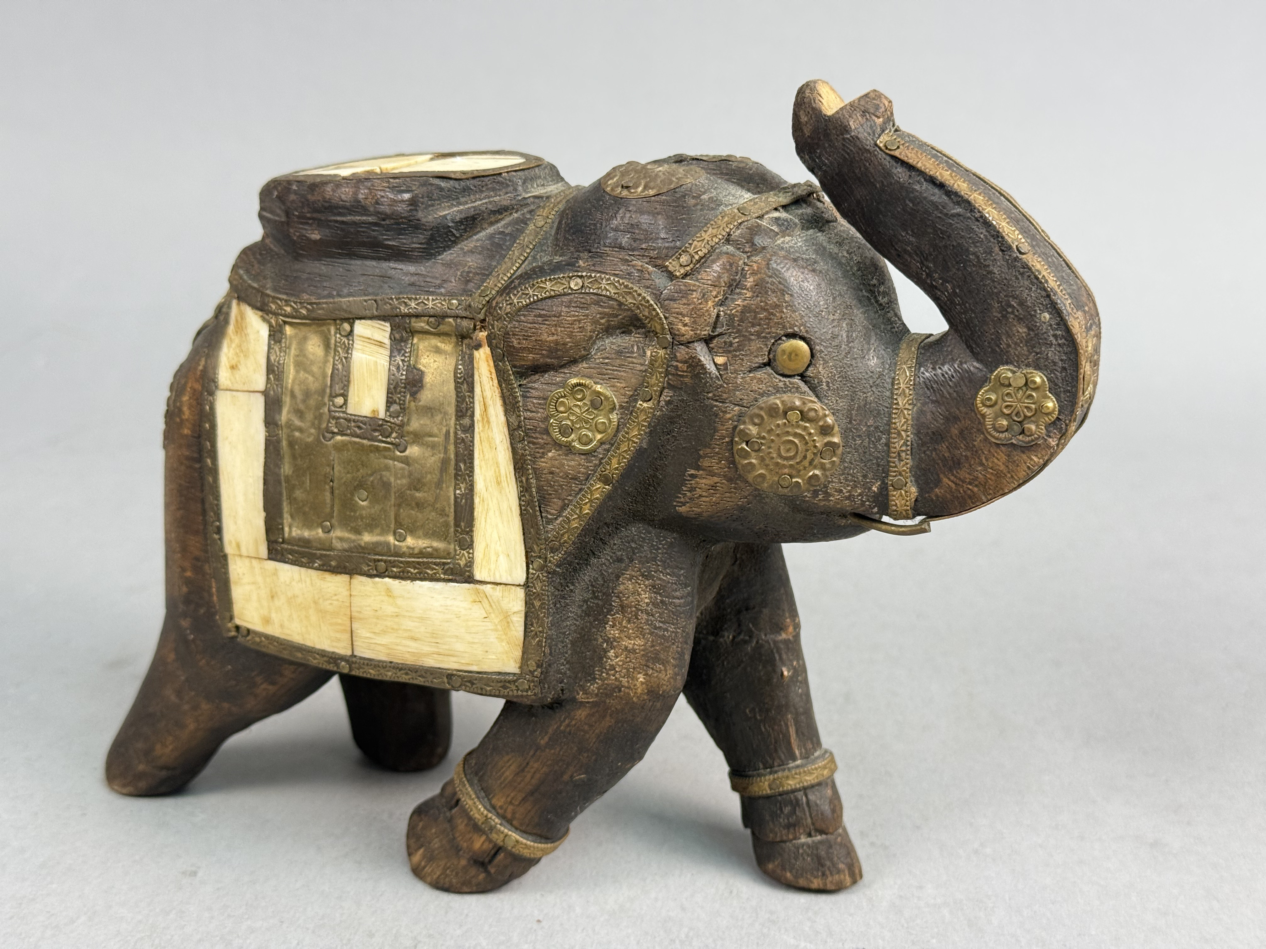 Indian Brass & Bone Inlaid Hand-Carved Elephant