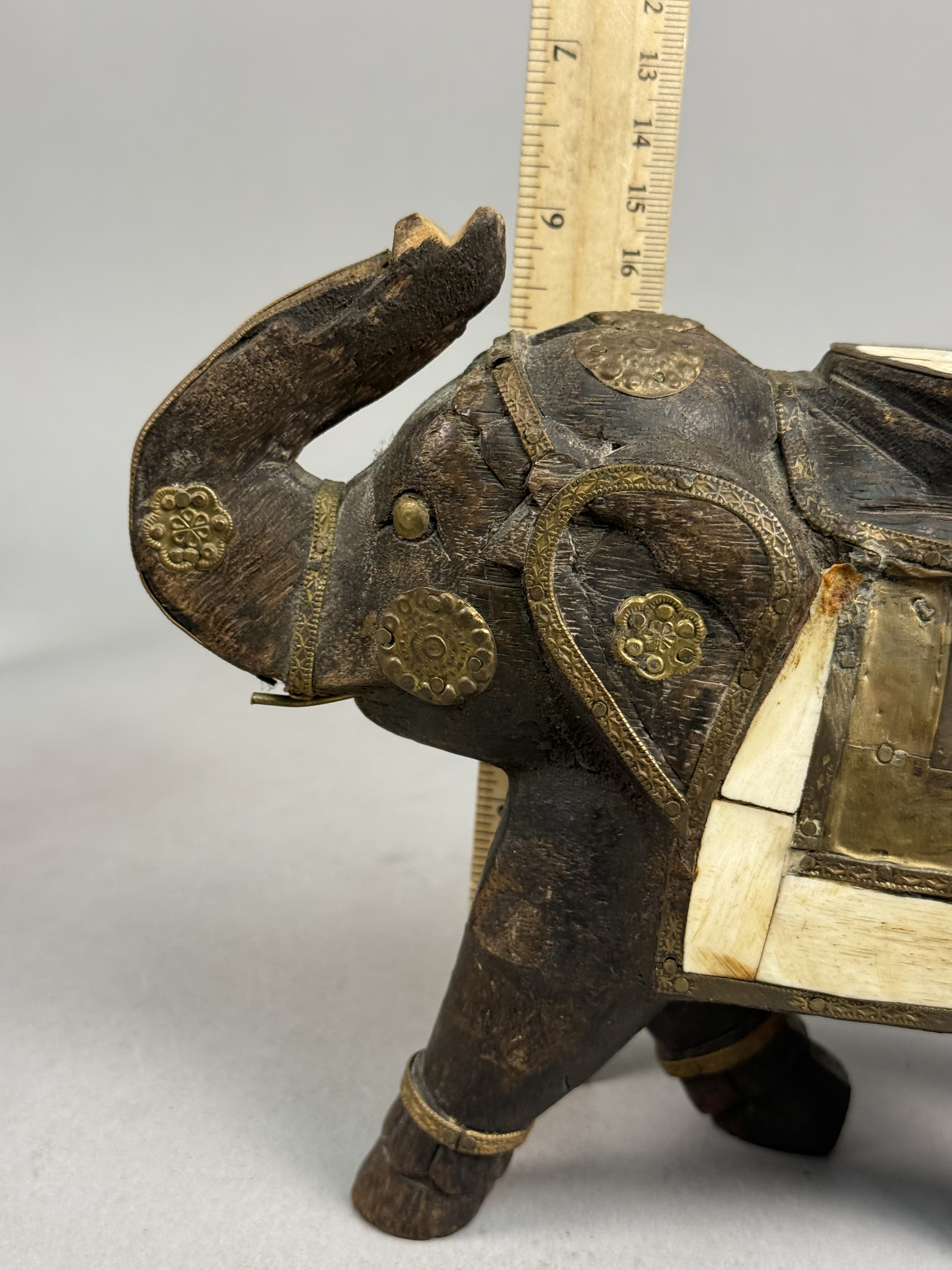 Indian Brass & Bone Inlaid Hand-Carved Elephant