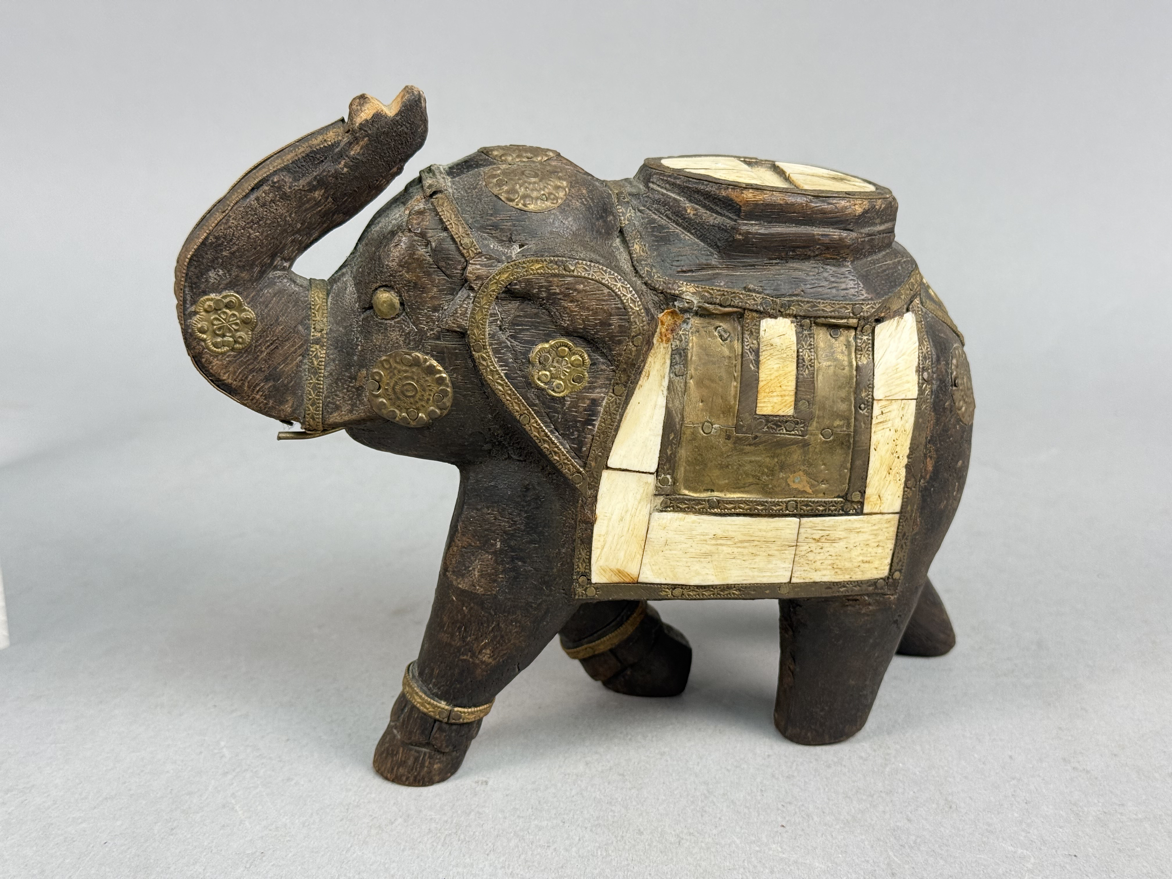 Indian Brass & Bone Inlaid Hand-Carved Elephant