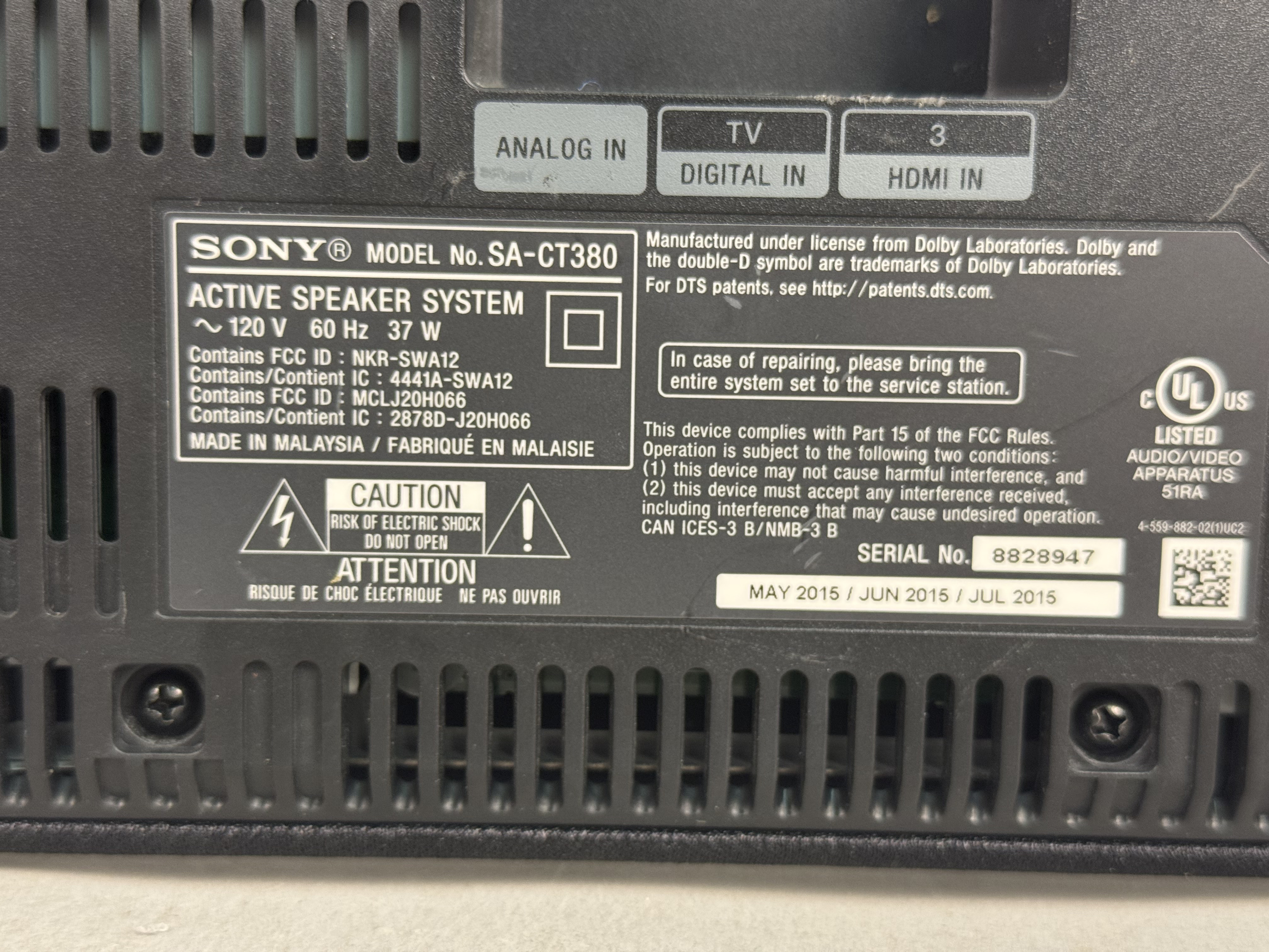 Sony SA-CT380 Active Speaker System Soundbar