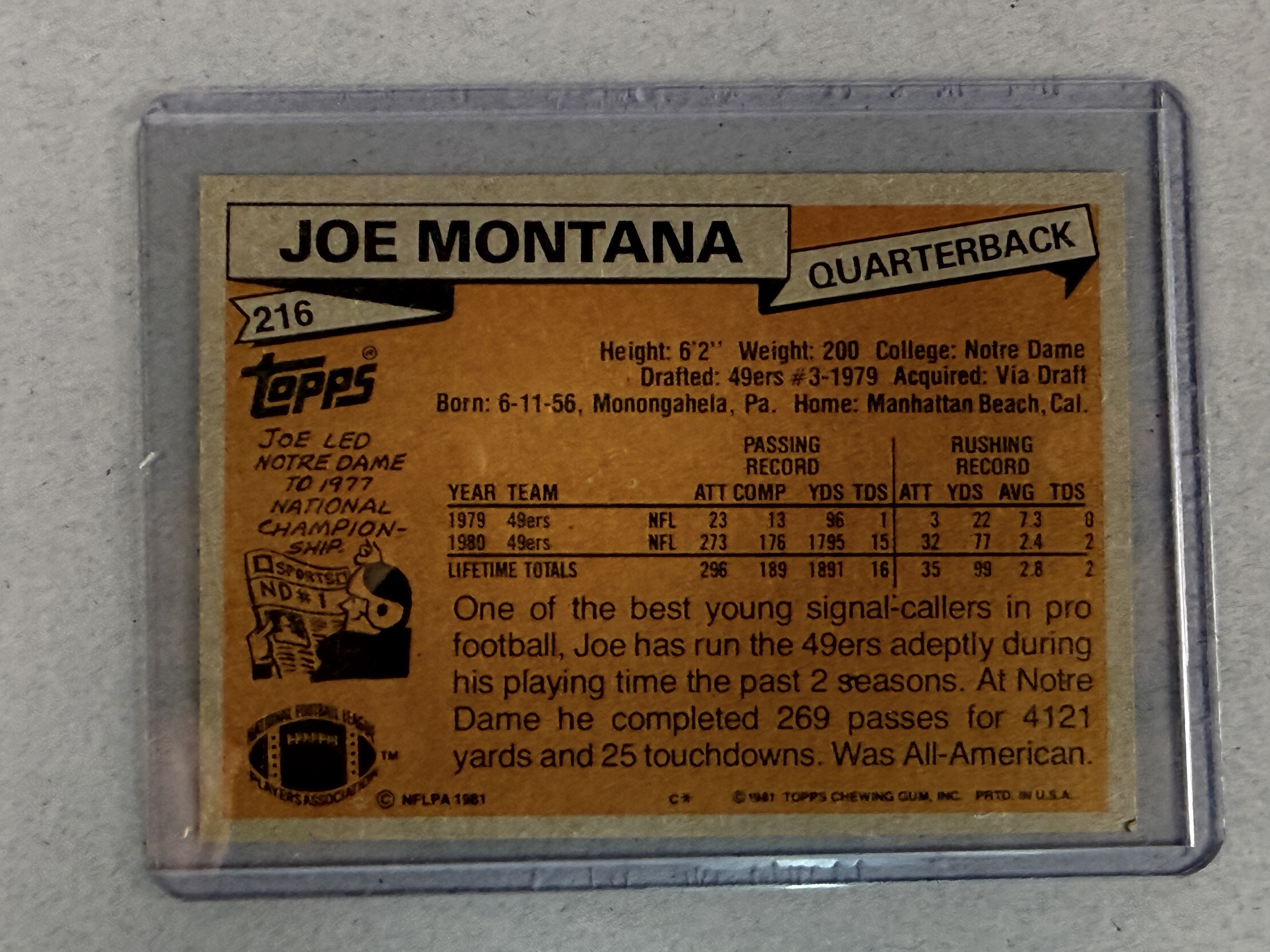 1981 Topps Joe Montana Rookie Card 216