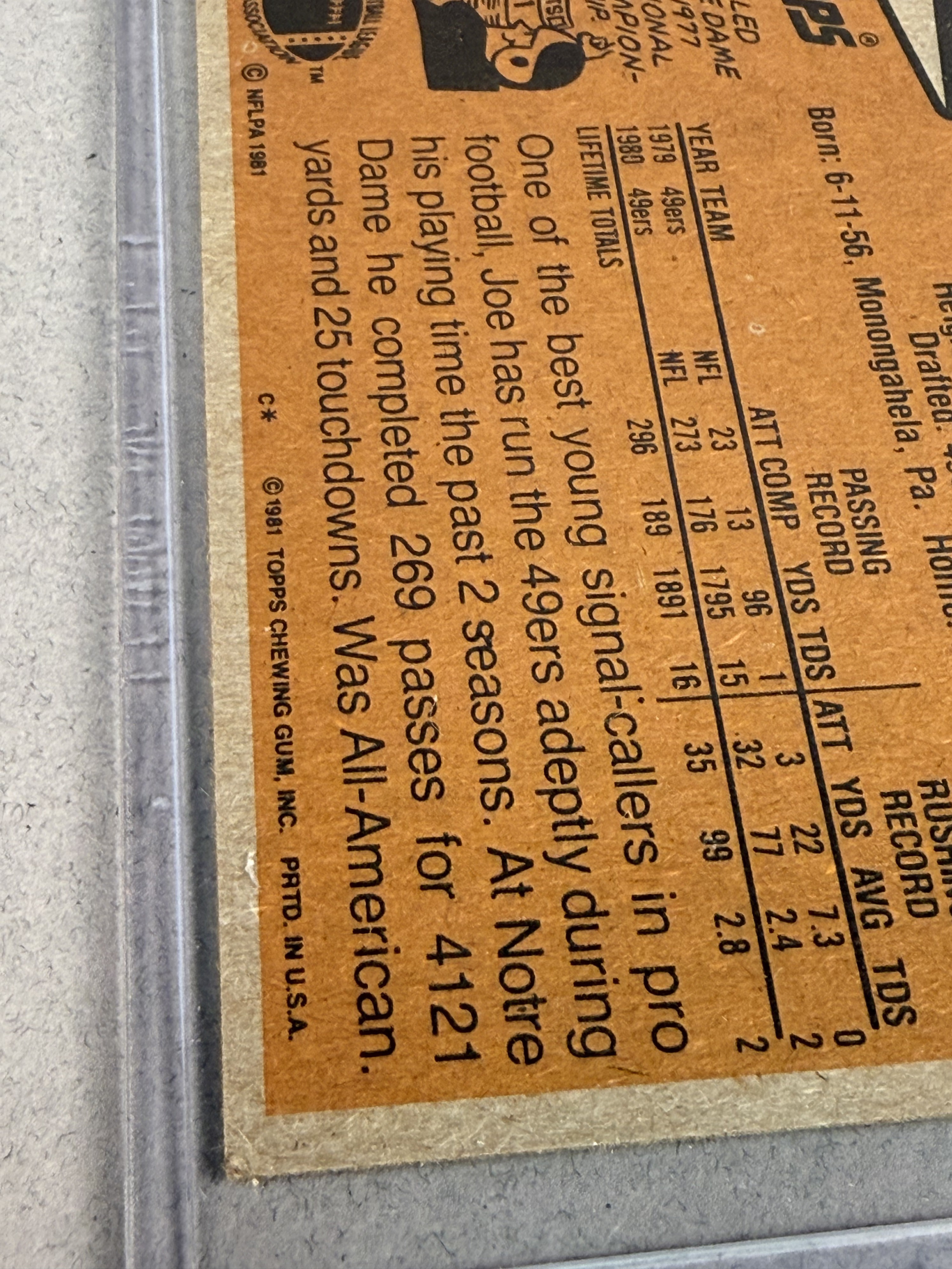 1981 Topps Joe Montana Rookie Card 216
