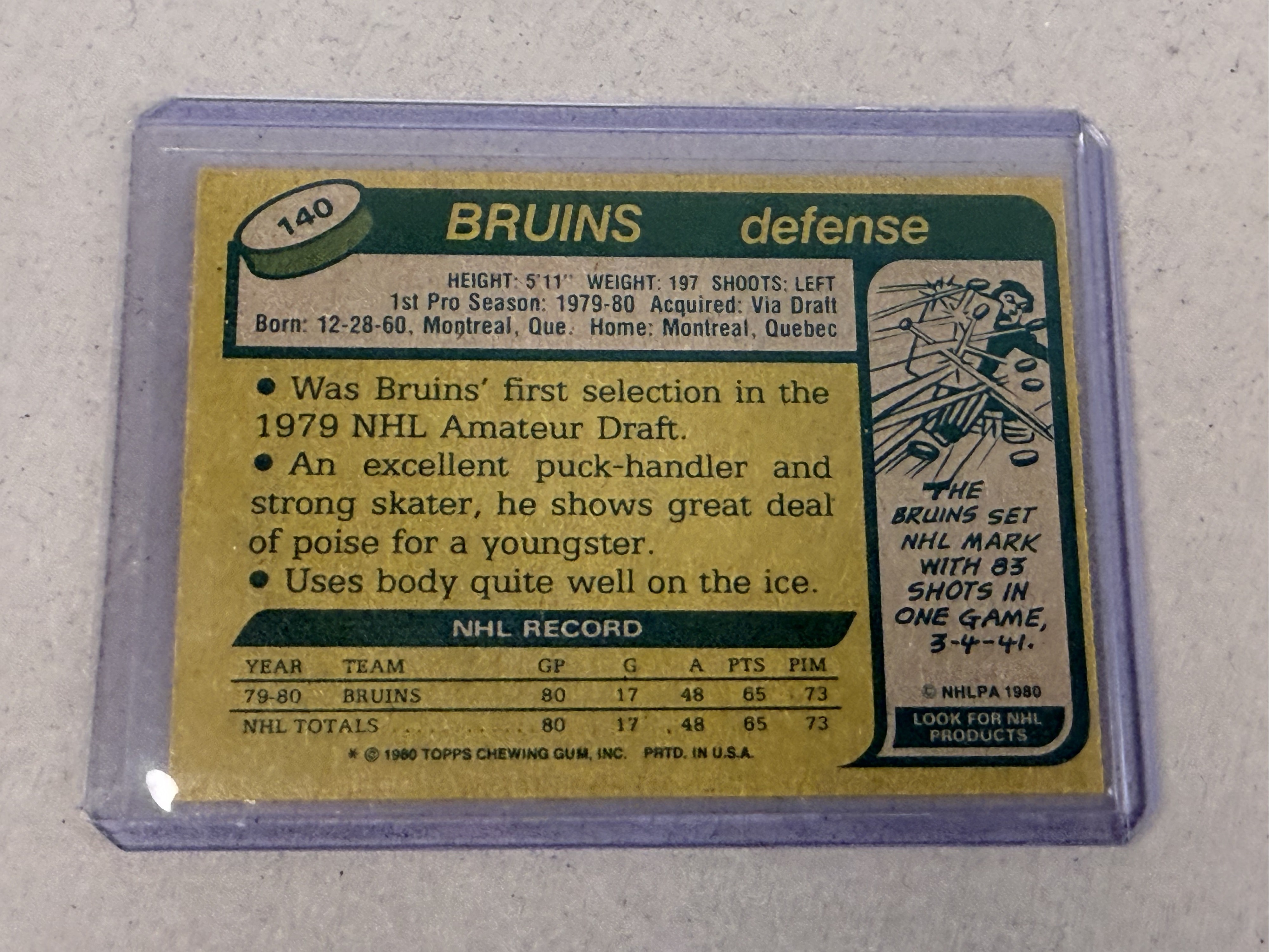 Topps 1980 Ray Bourque Unscratched Rookie Card 140