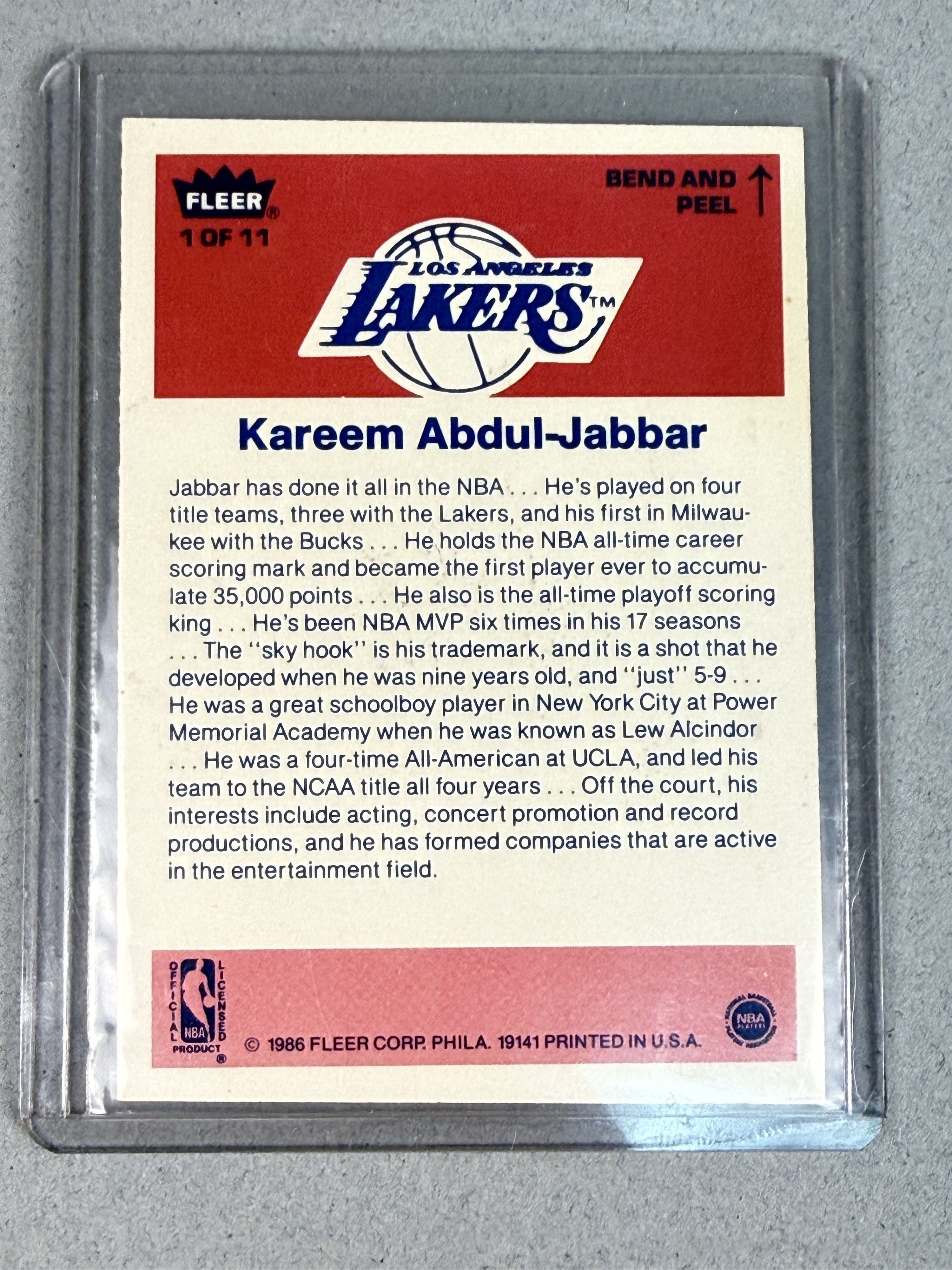 1986 Fleer Kareem Abdul-Jabbar Unpeeled Sticker Card