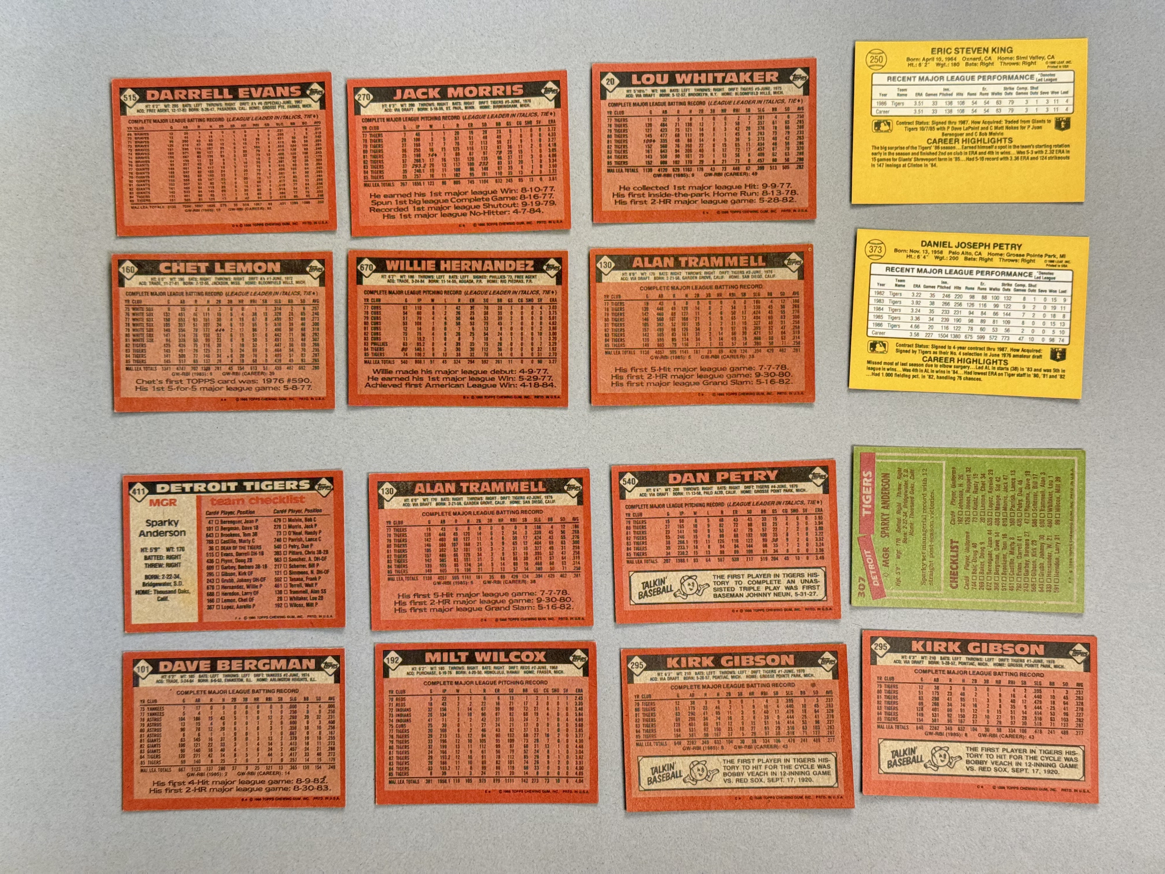 16 Signed Topps & Donruss Detroit Tigers Cards