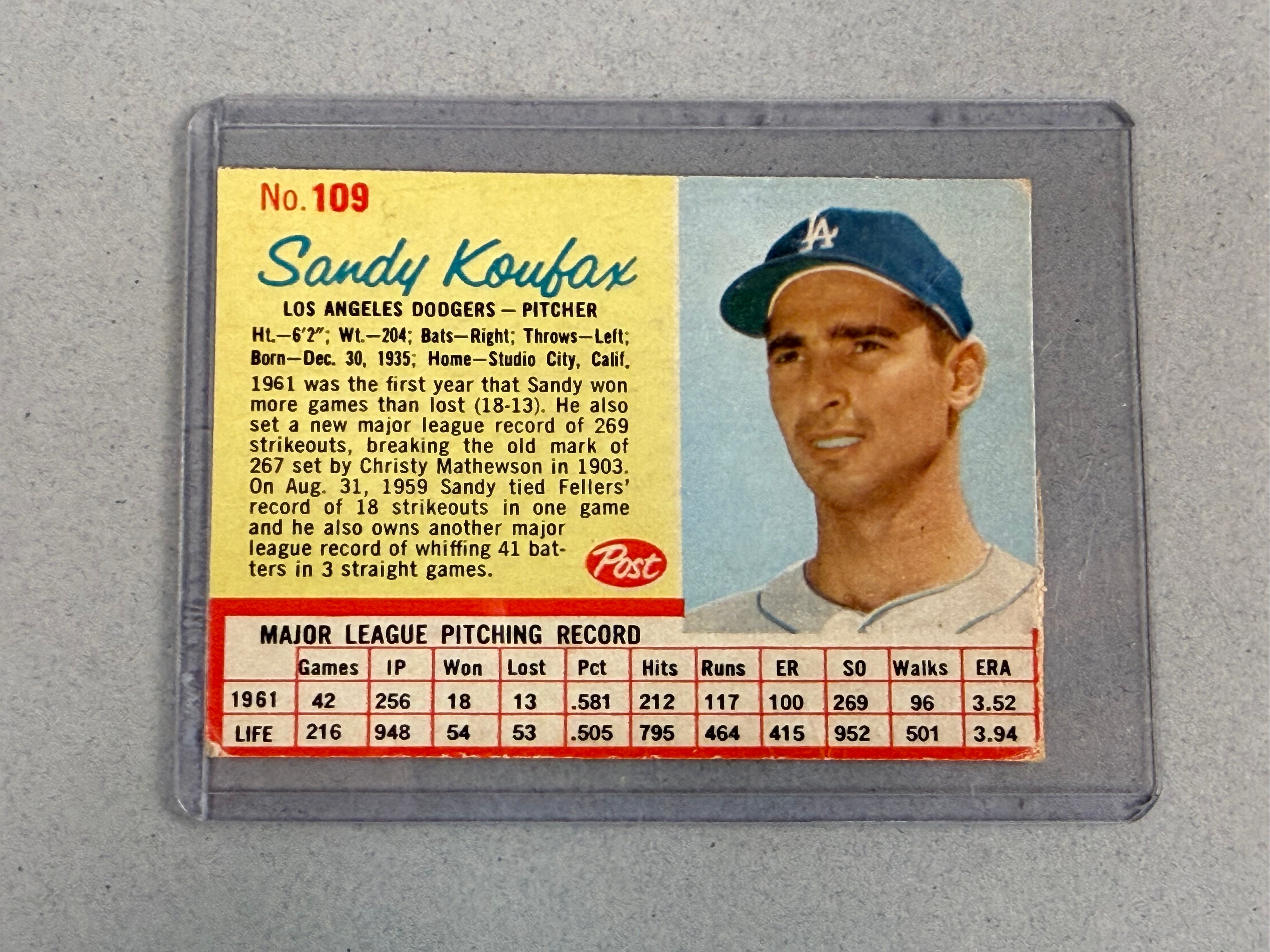 Post Cereal 1962 Sandy Koufax Baseball Card