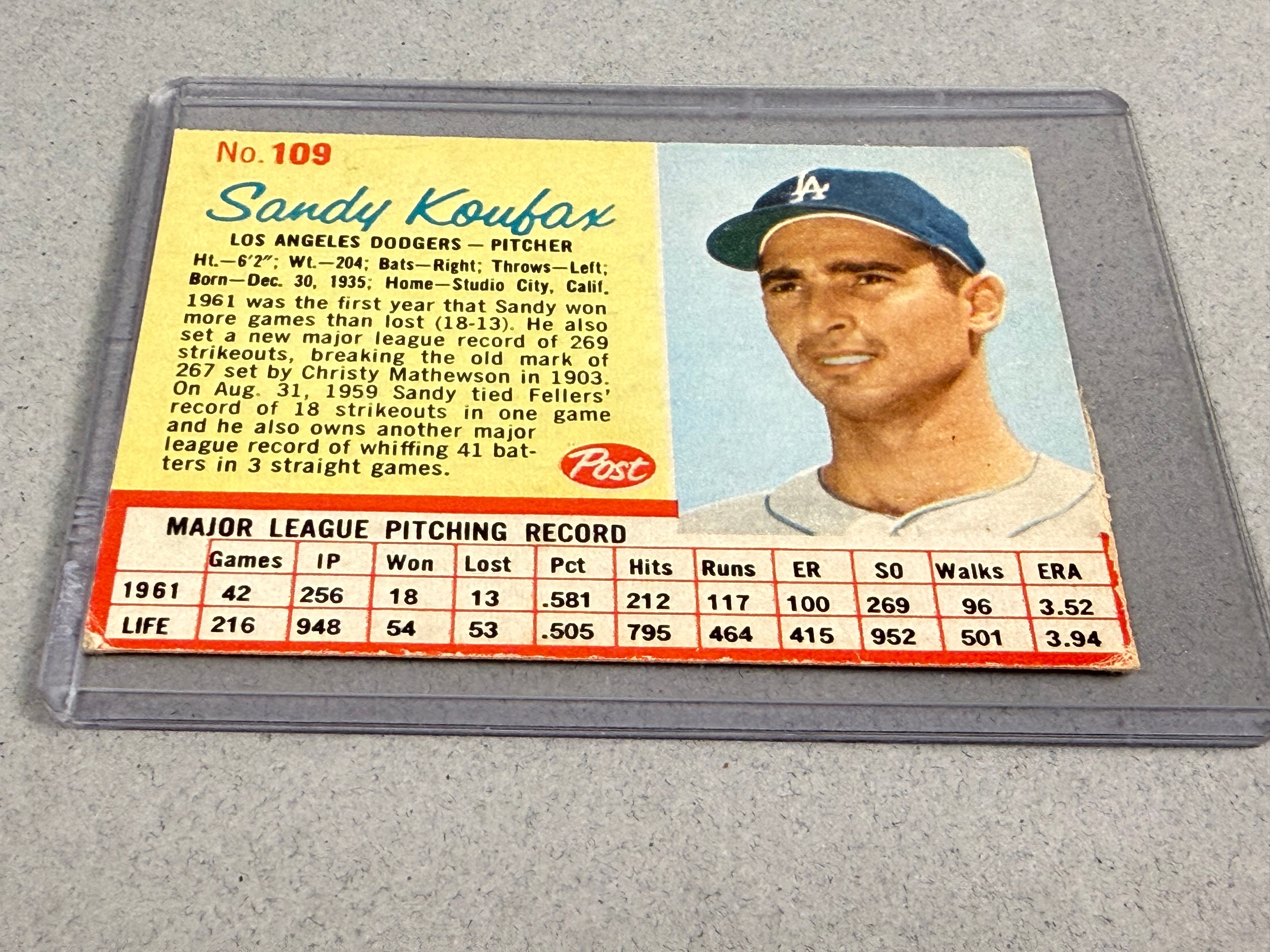 Post Cereal 1962 Sandy Koufax Baseball Card