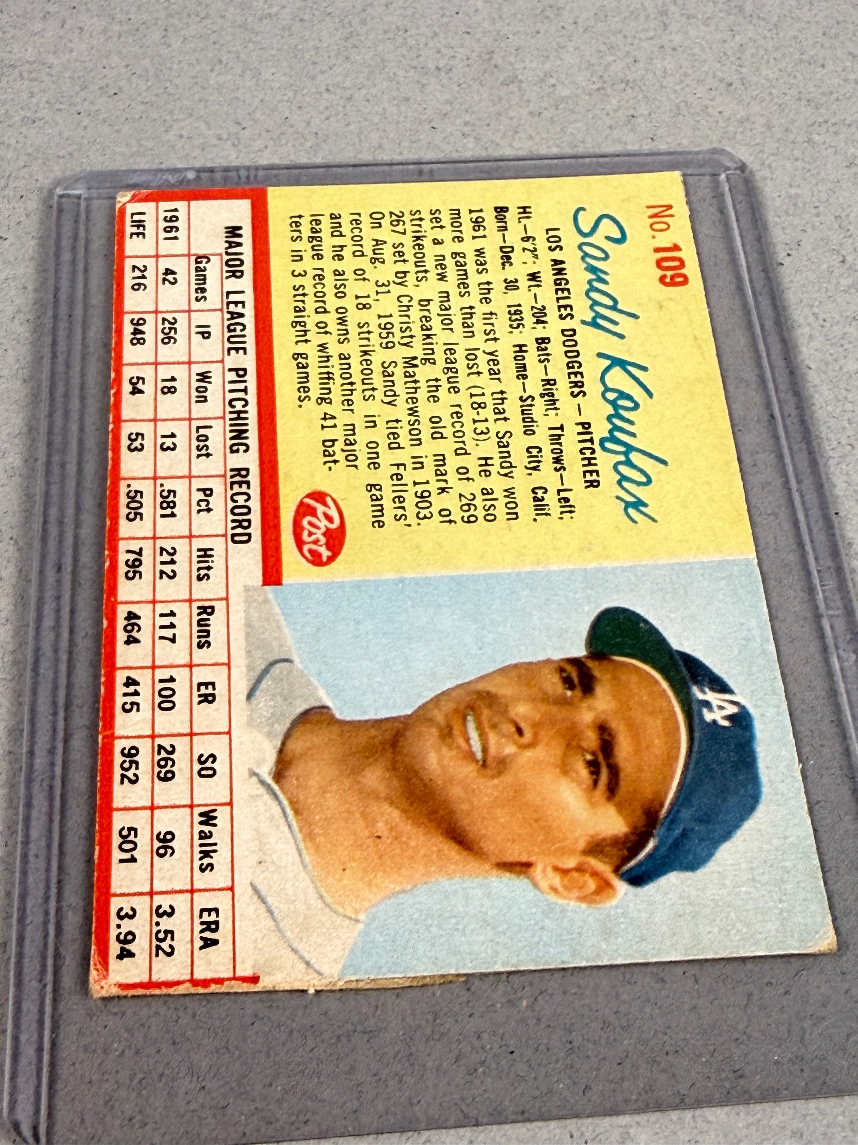 Post Cereal 1962 Sandy Koufax Baseball Card