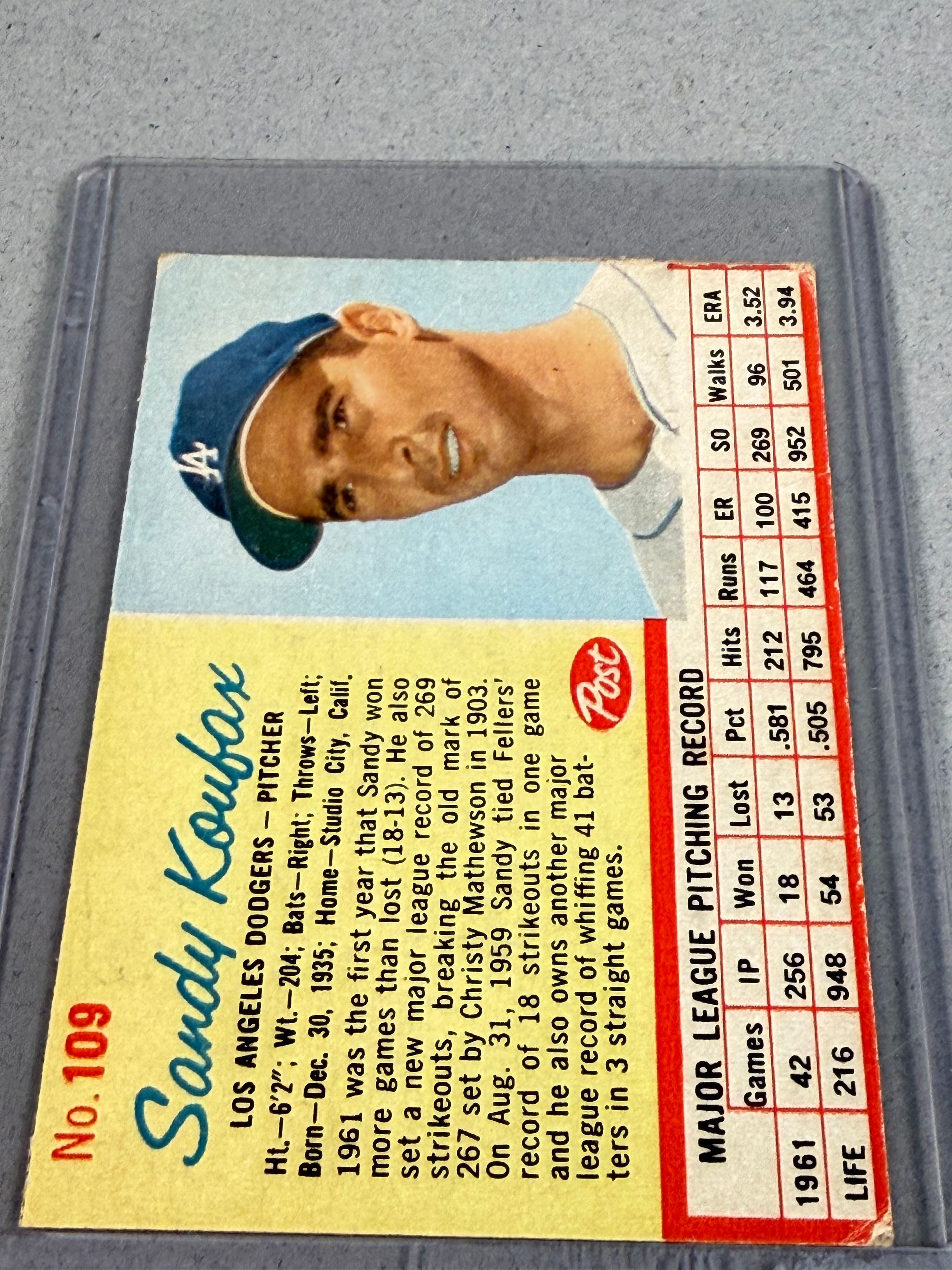 Post Cereal 1962 Sandy Koufax Baseball Card