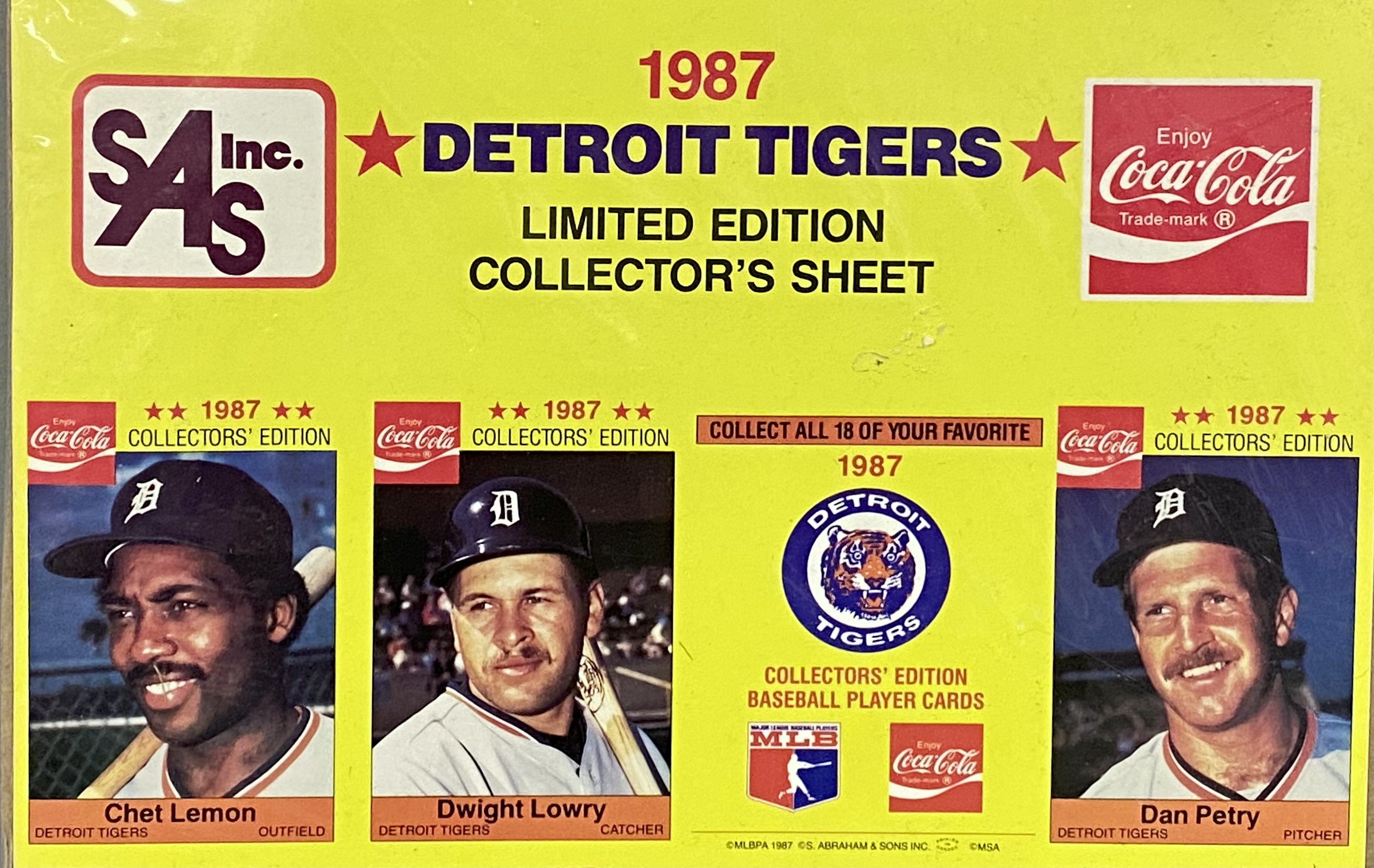 1987 Detroit Tigers Coca-Cola Collector Sheet