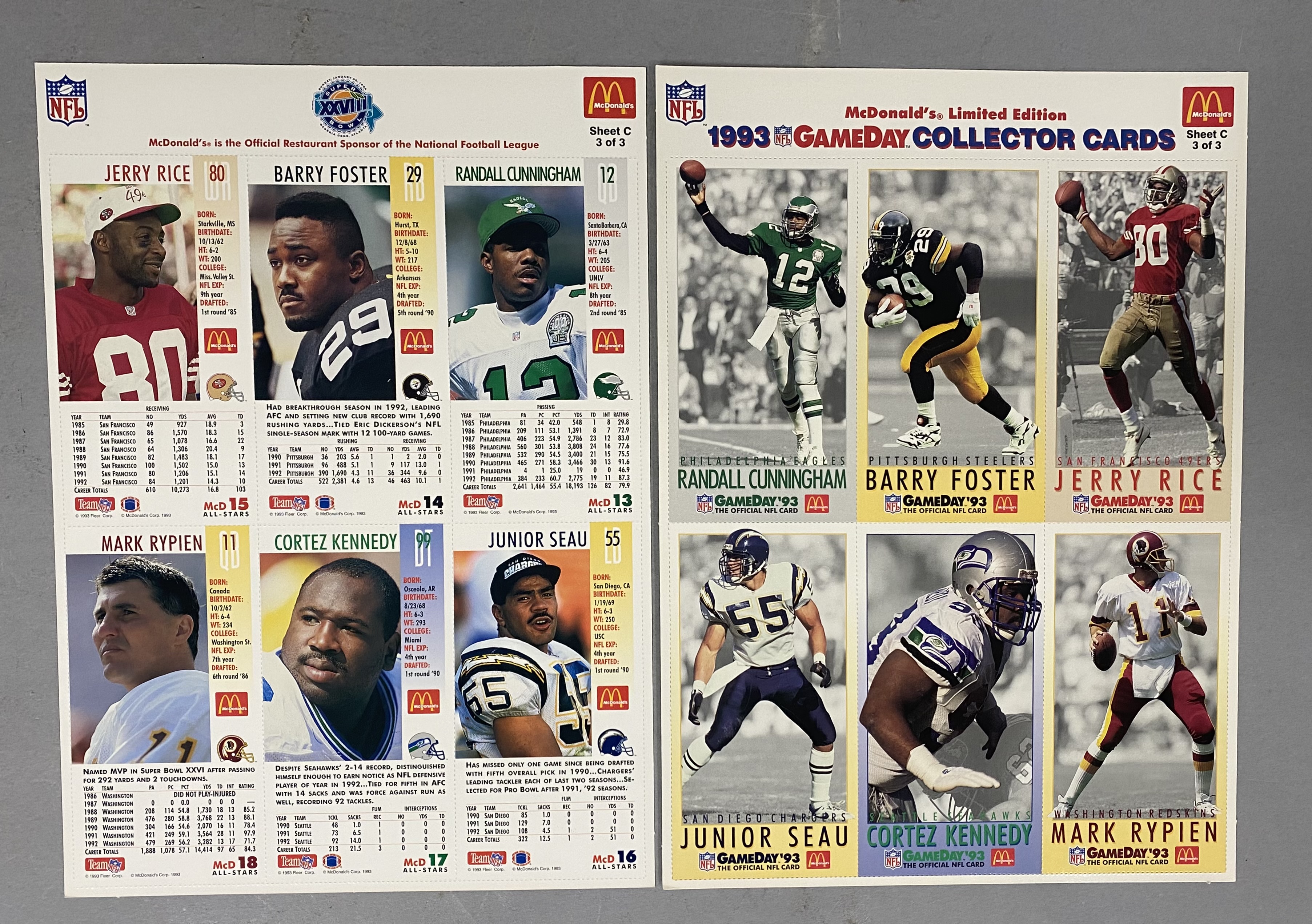McDonald's Fleer 1993 Uncut Paper Football Card Sheets