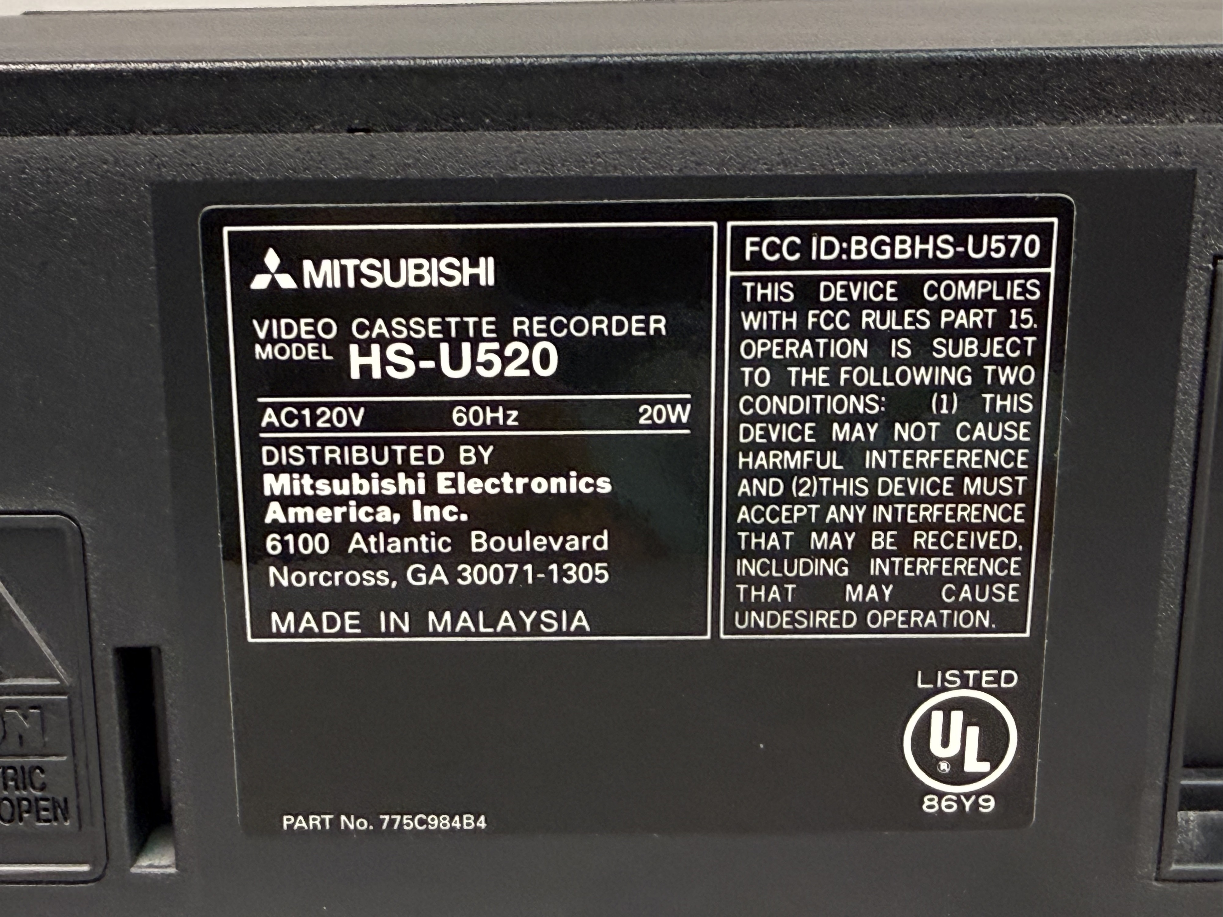 Mitsubishi HS-U520 Stereo VHS VCR