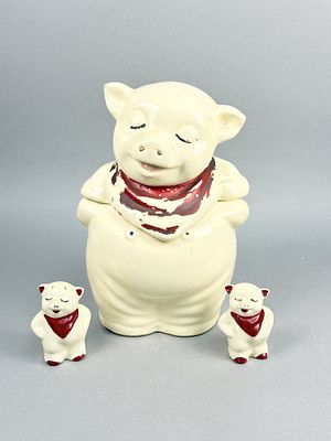 Ceramic Smiling Pig Cookie Jar & Shakers. A trio of vintage glazed ceramic kitchenware featuring 