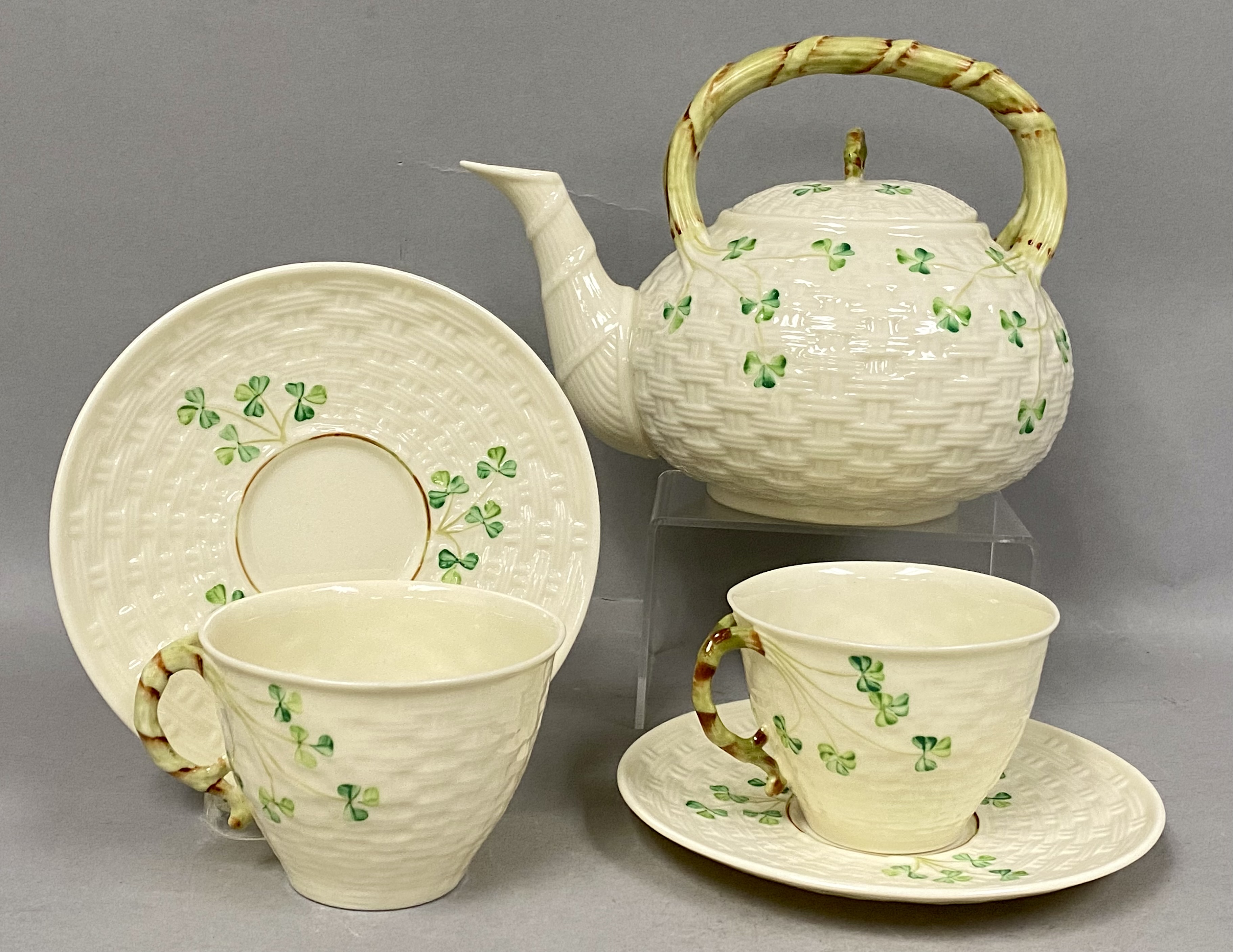 Belleek Shamrock Porcelain Basketweave Tea Set
