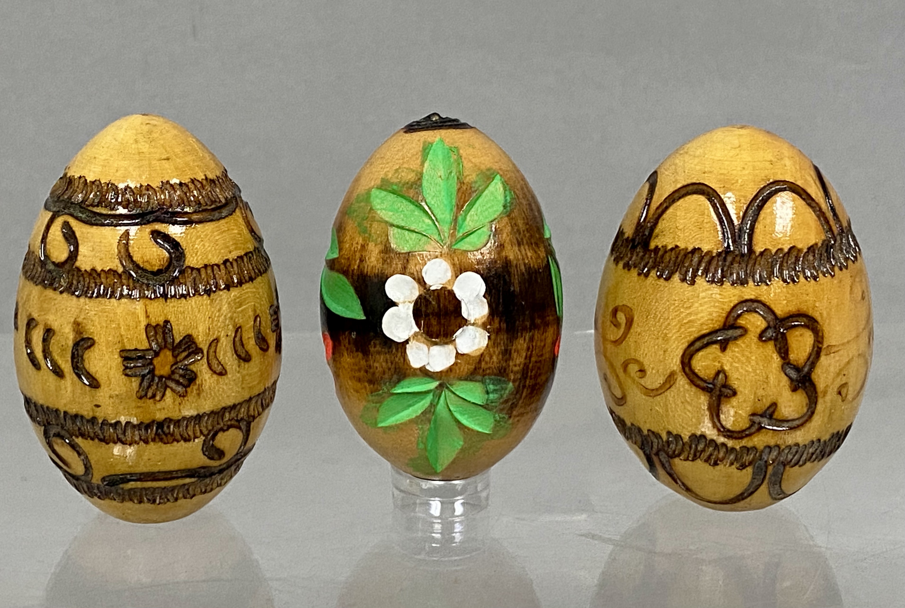 Trio of Hand Decorated Wooden Eggs