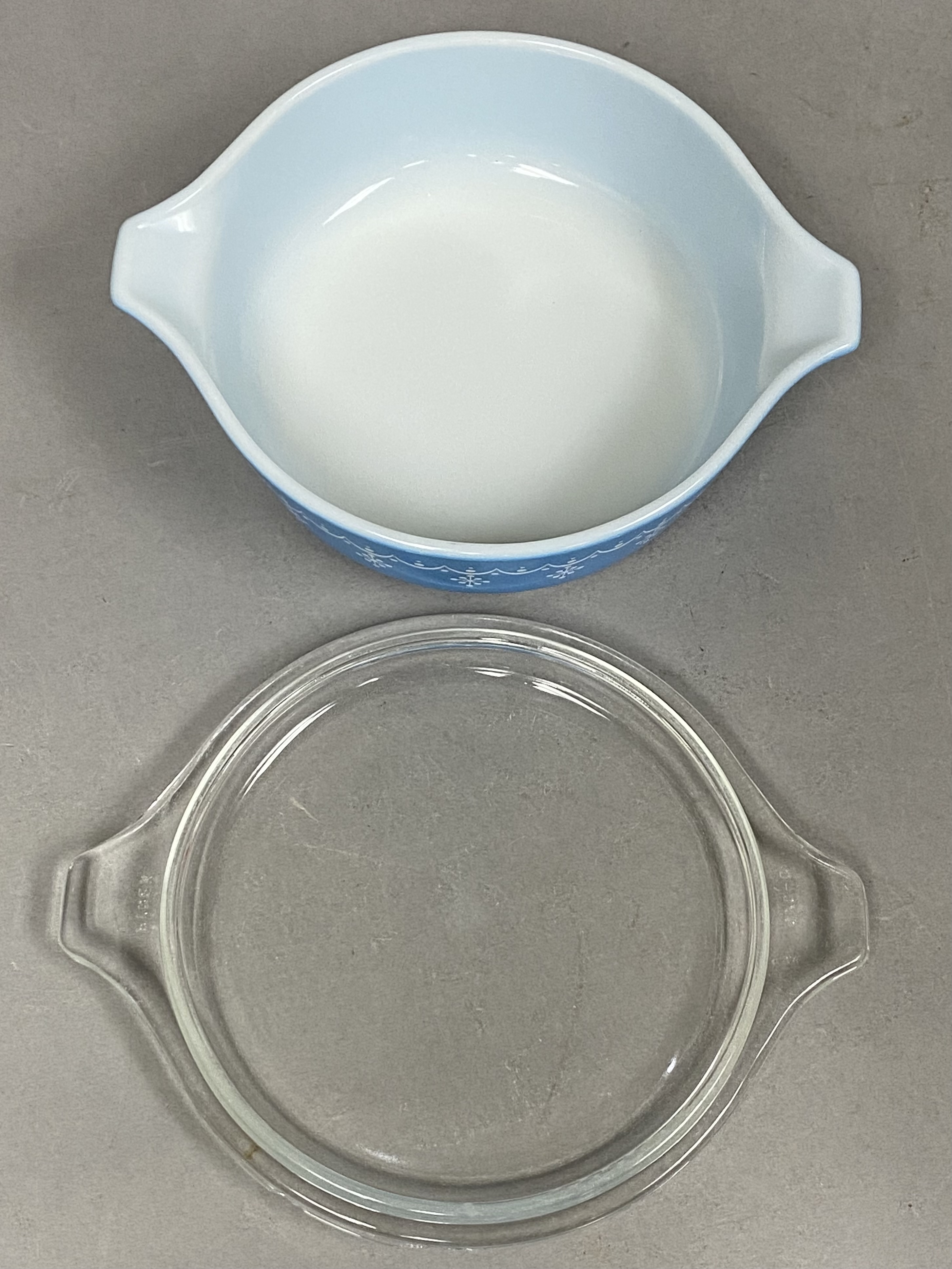 Pyrex Snowflake Blue Casserole & Red Mixing Bowl