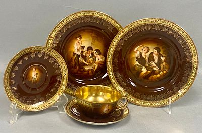 Carlsbad Porcelain Murillo Scene Dessert Set. A collection of fine porcelain tableware featuring 