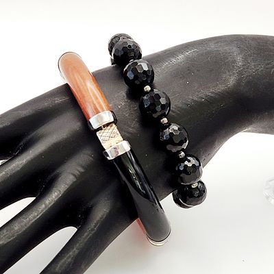 Sterling Hinged Panel & Faceted Bead Bracelets. The first is a multi-hinged bangle constructed 