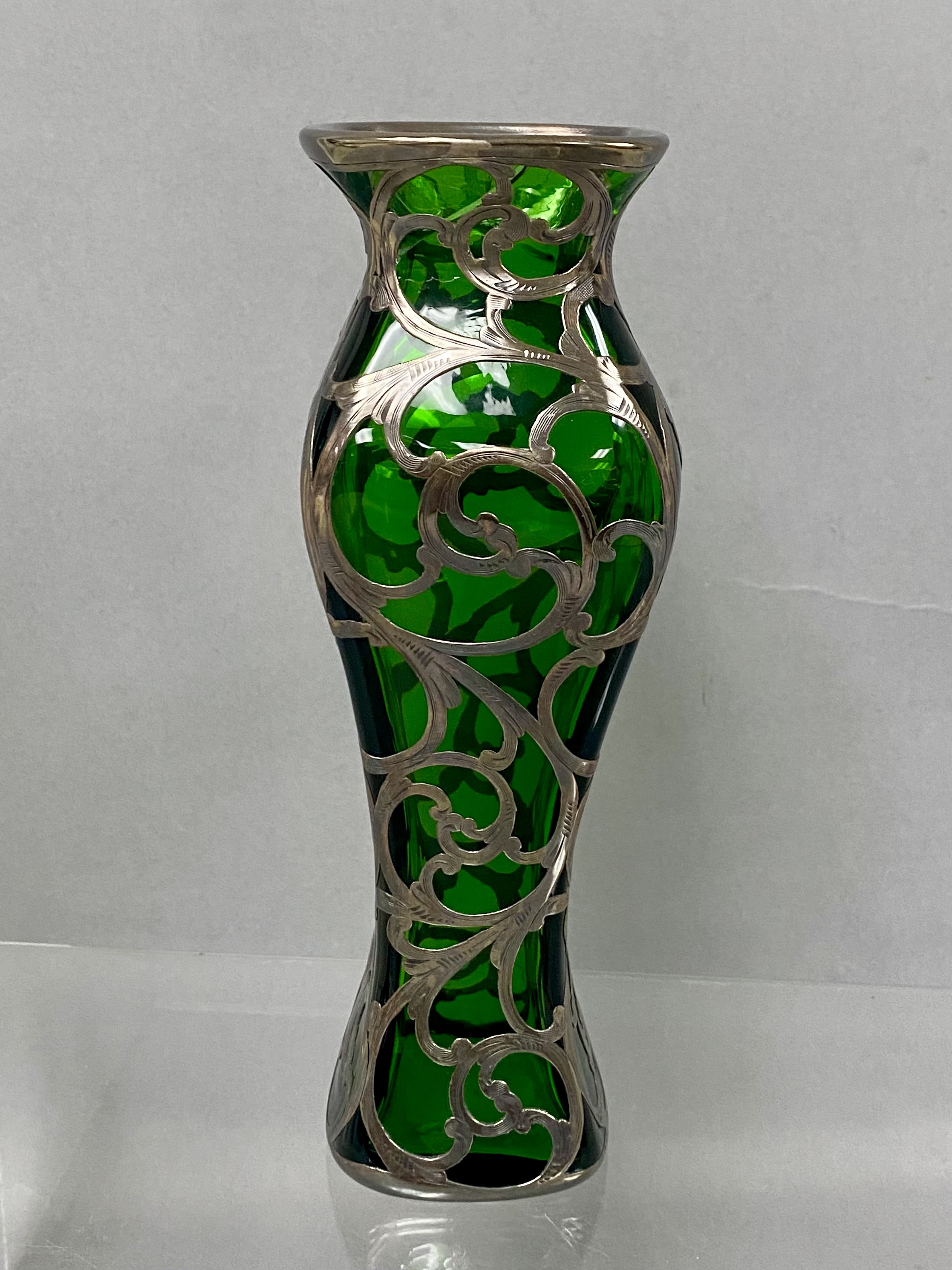 Alvin Sterling Overlay Emerald Green Glass Vase