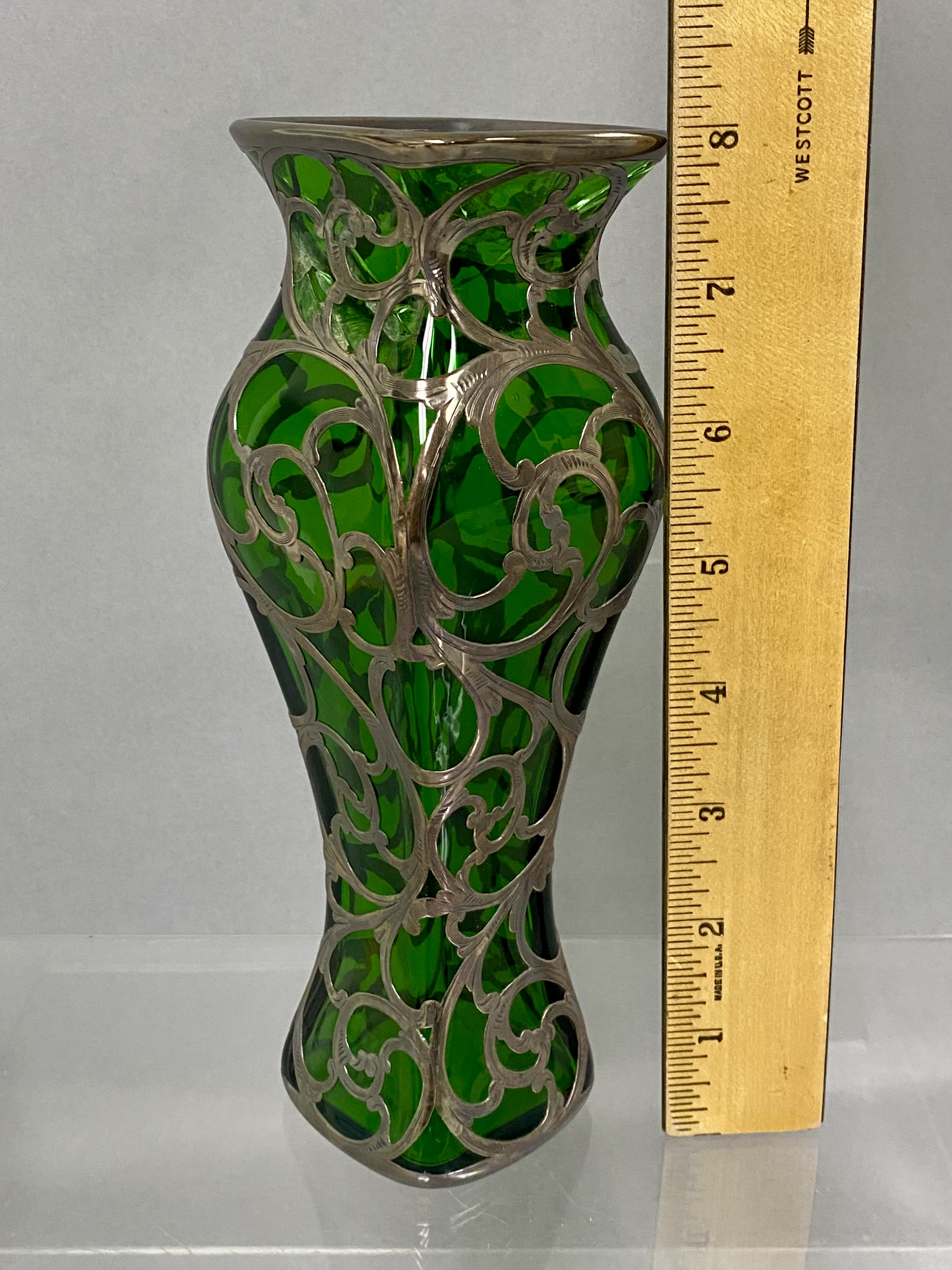 Alvin Sterling Overlay Emerald Green Glass Vase