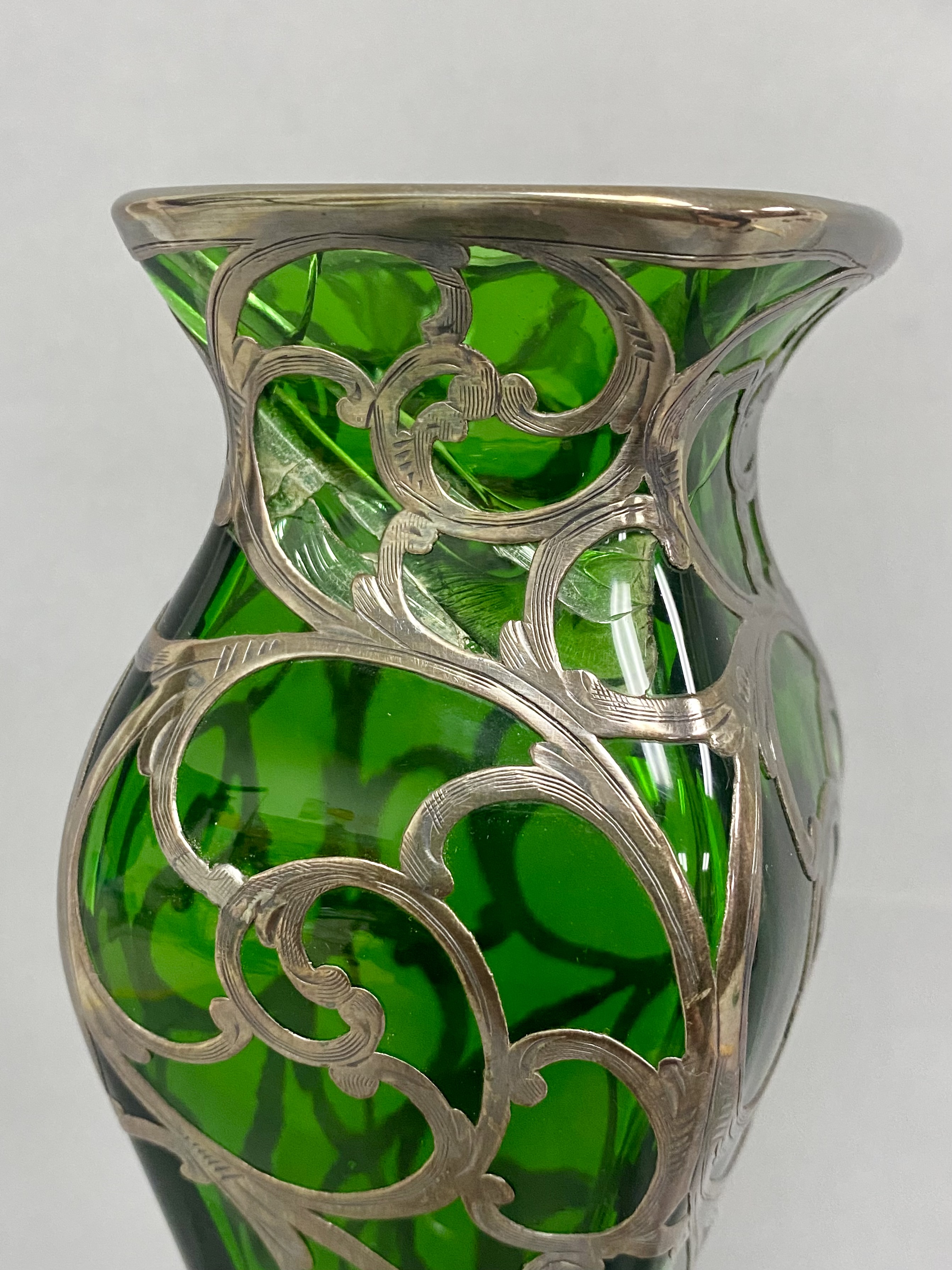 Alvin Sterling Overlay Emerald Green Glass Vase
