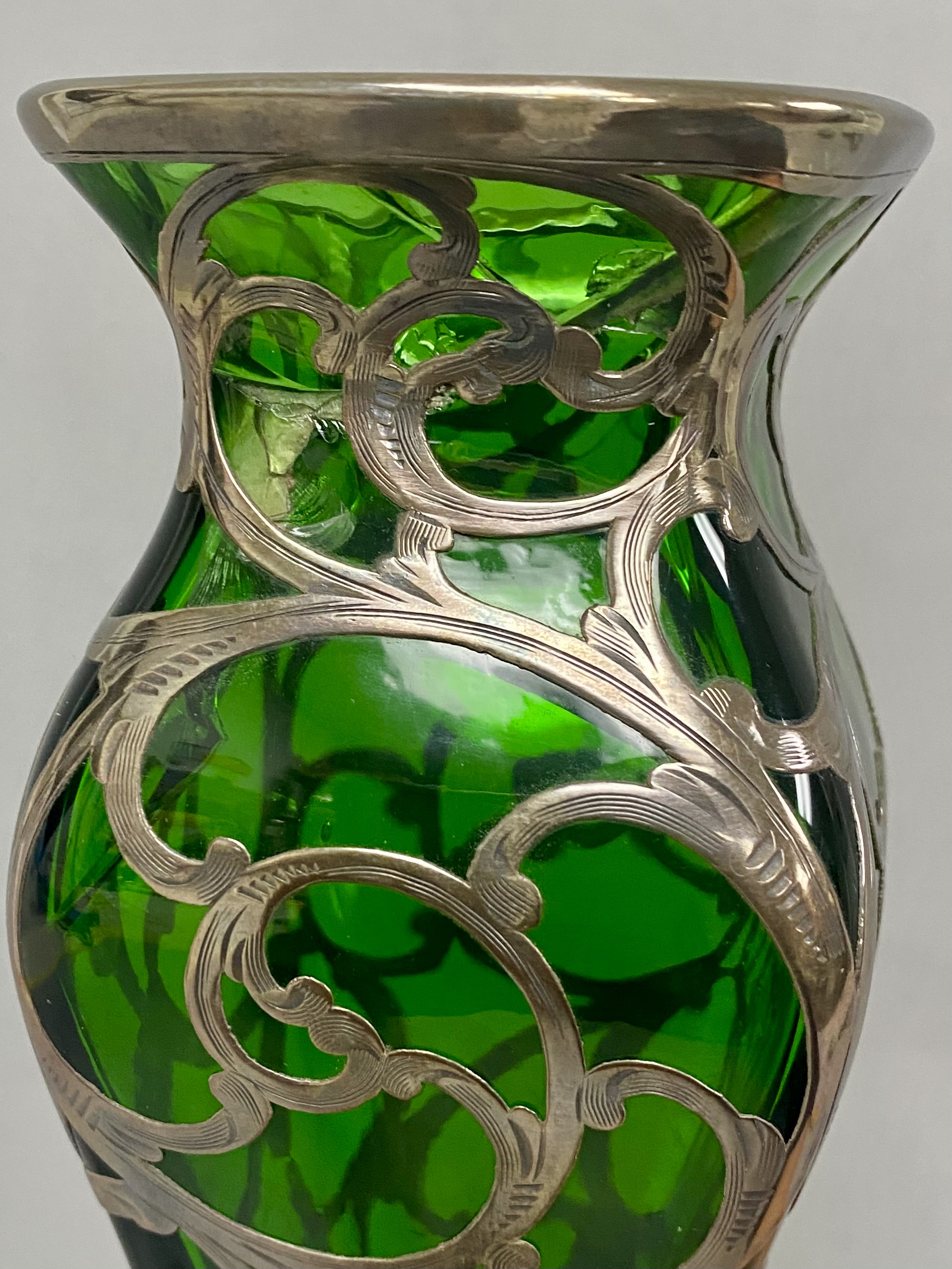 Alvin Sterling Overlay Emerald Green Glass Vase