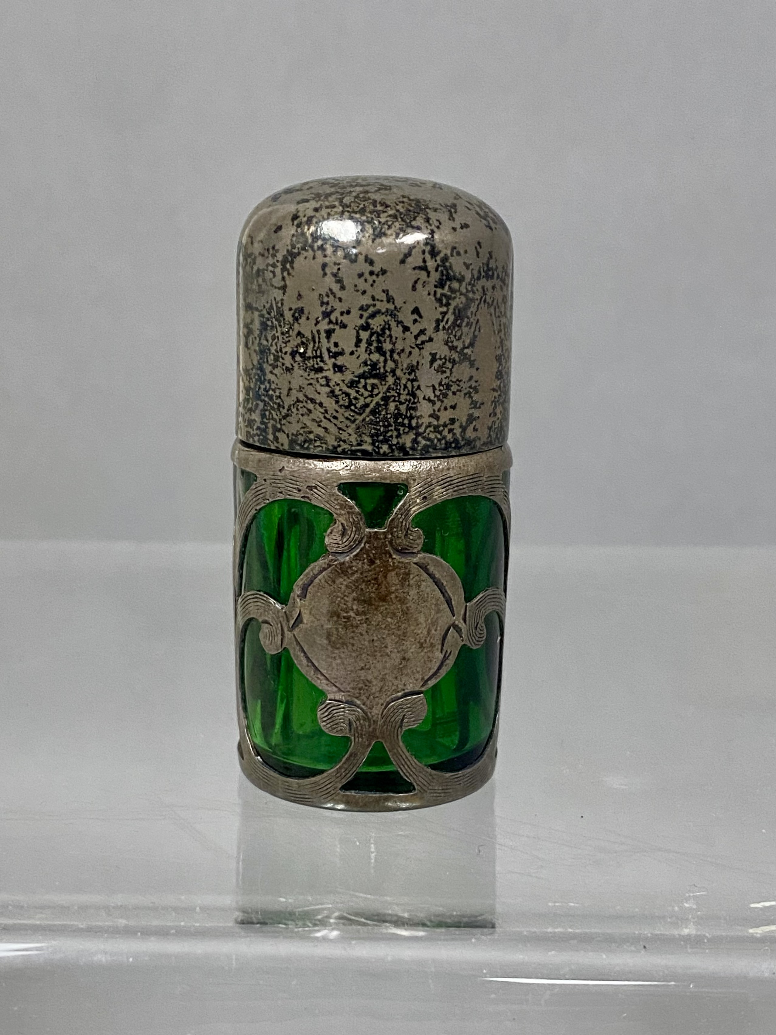 Sterling Silver Overlay Green Glass Scent Bottle